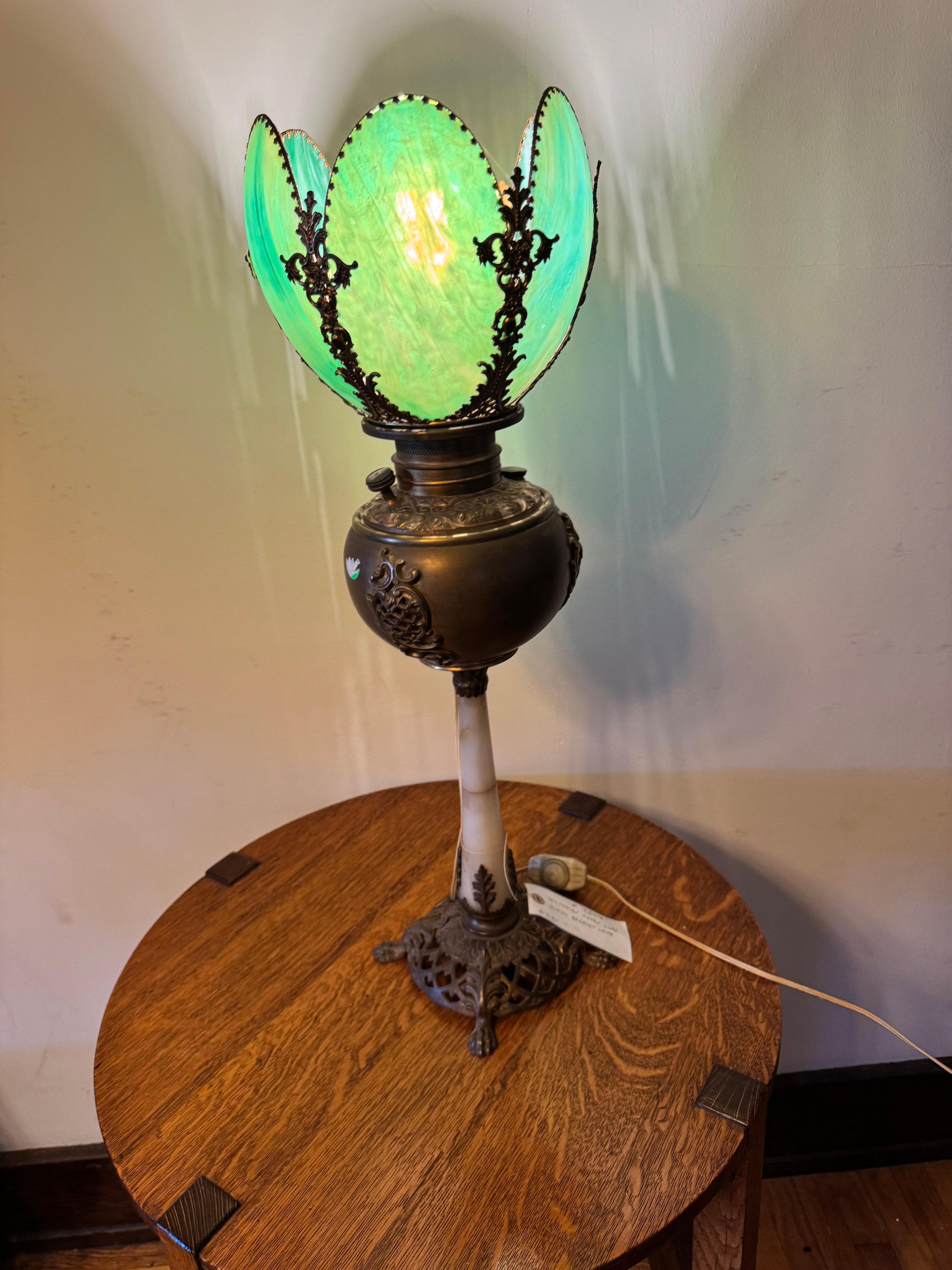 American `Victorian Green Slag Glass Banquet Lamp - W7504  NOW ON SALE For Sale