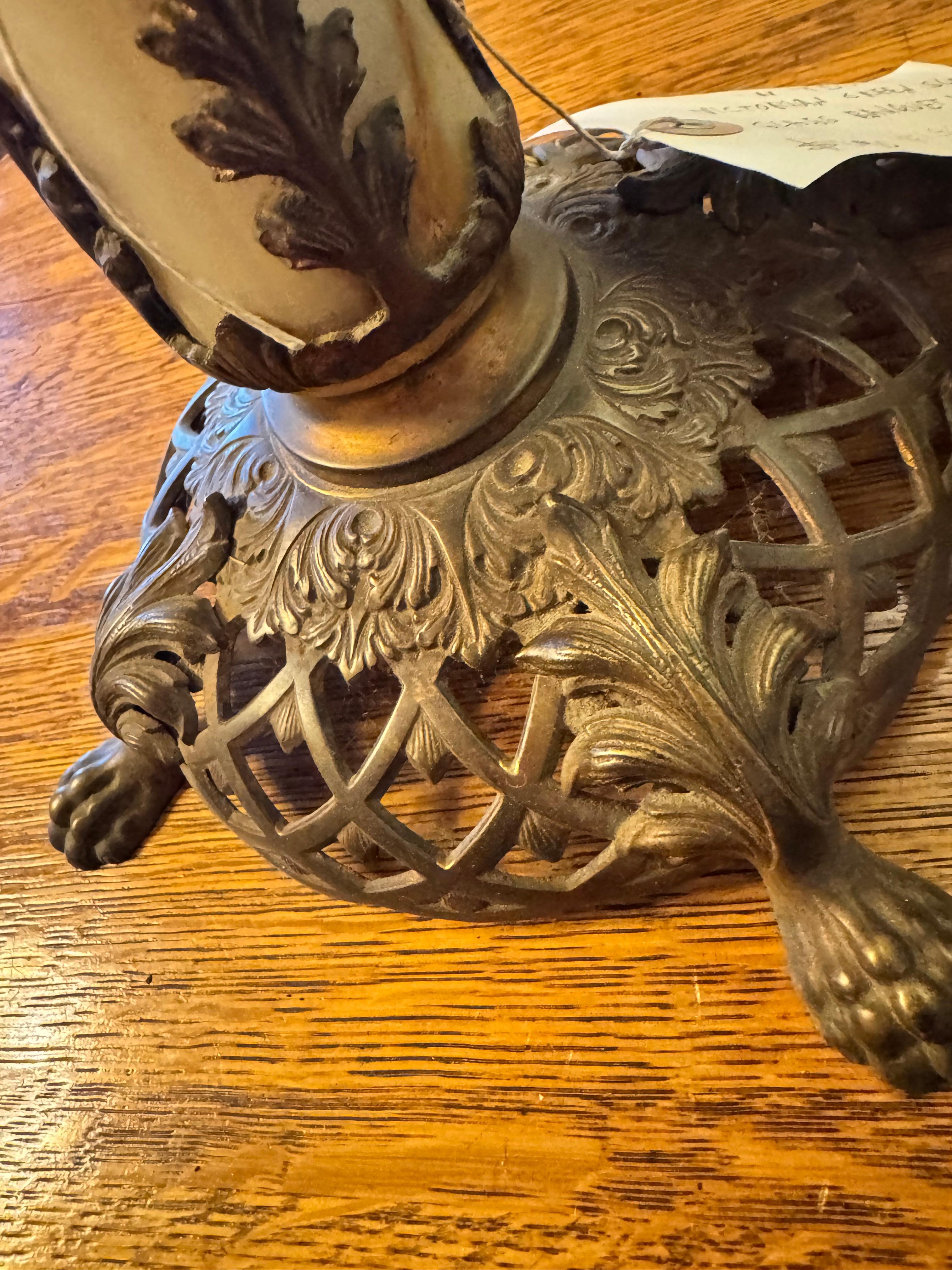 `Victorian Green Slag Glass Banquet Lamp - W7504  NOW ON SALE For Sale 1