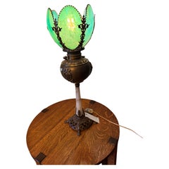 Antique `Victorian Green Slag Glass Banquet Lamp - W7504  NOW ON SALE