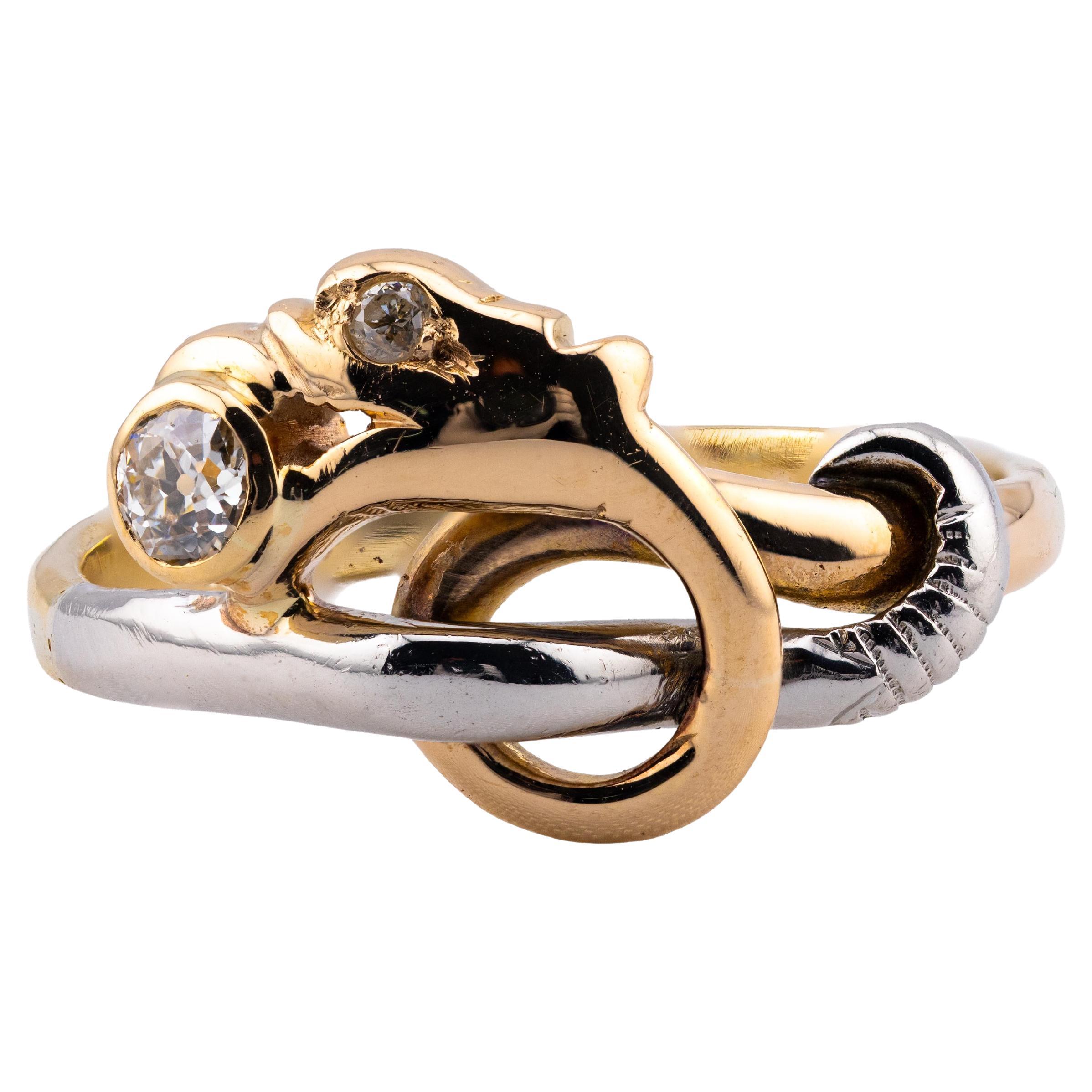 Bague victorienne en forme de griffon et diamant taille ancienne en platine, or 18 carats