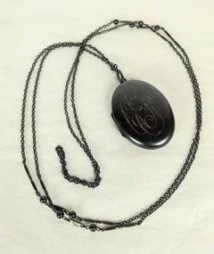 Victorian Gunmetal Locket and Long Chain