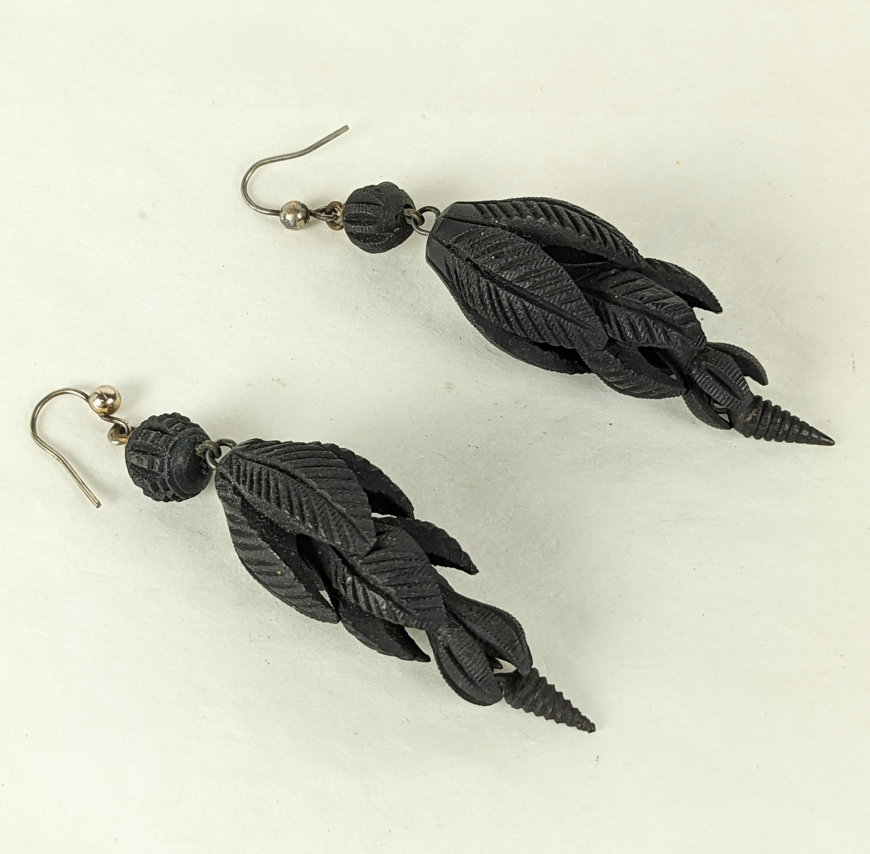 High Victorian Victorian Gutta Percha Carved Pod Earrings For Sale