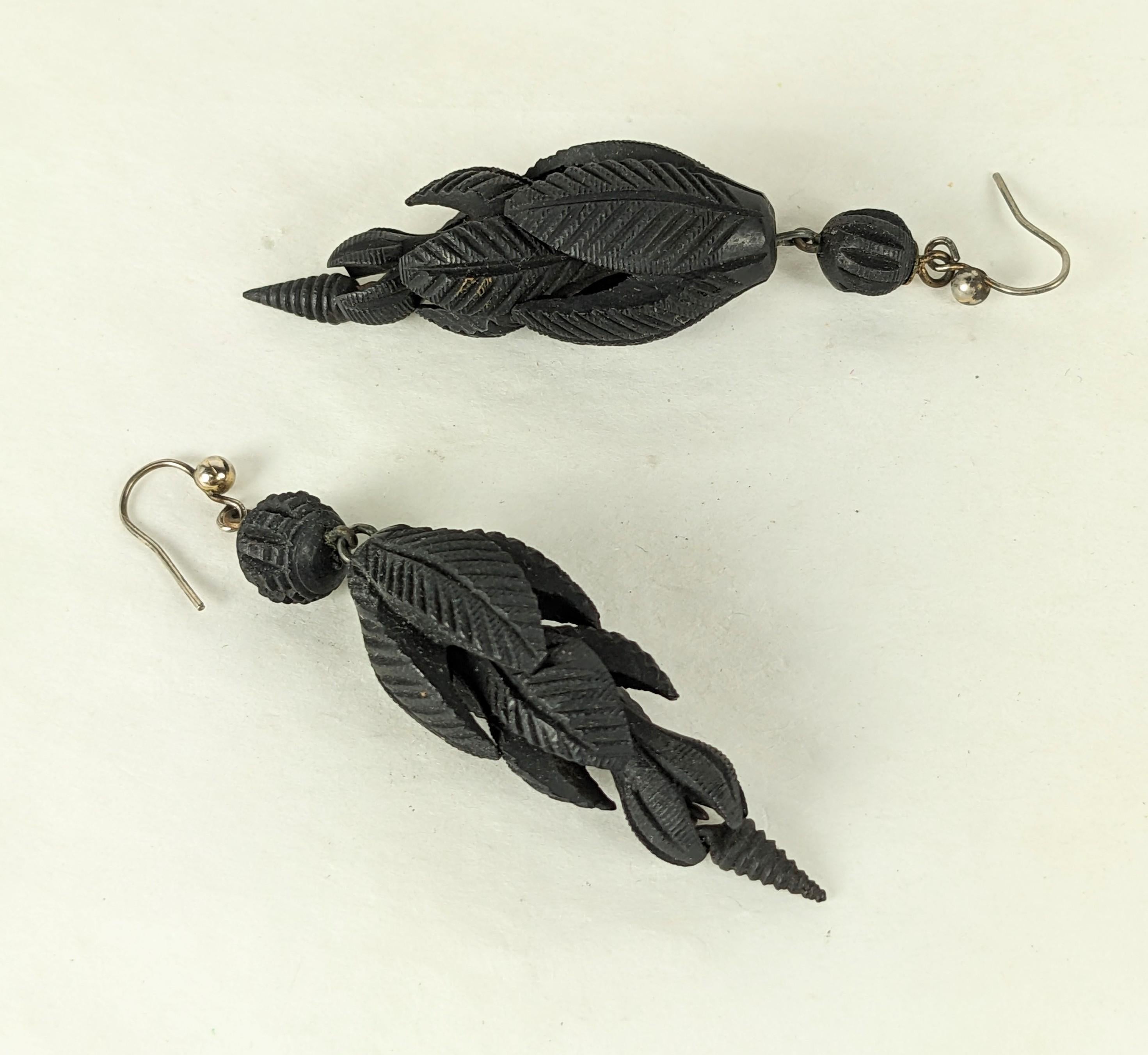 Victorian Gutta Percha Carved Pod Earrings In Good Condition For Sale In New York, NY