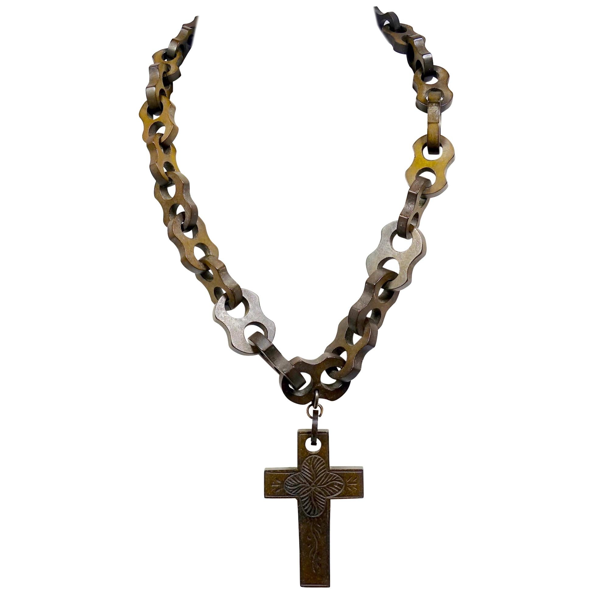Victorian Gutta Percha Heavily Carved Continuous Link Necklace For Sale