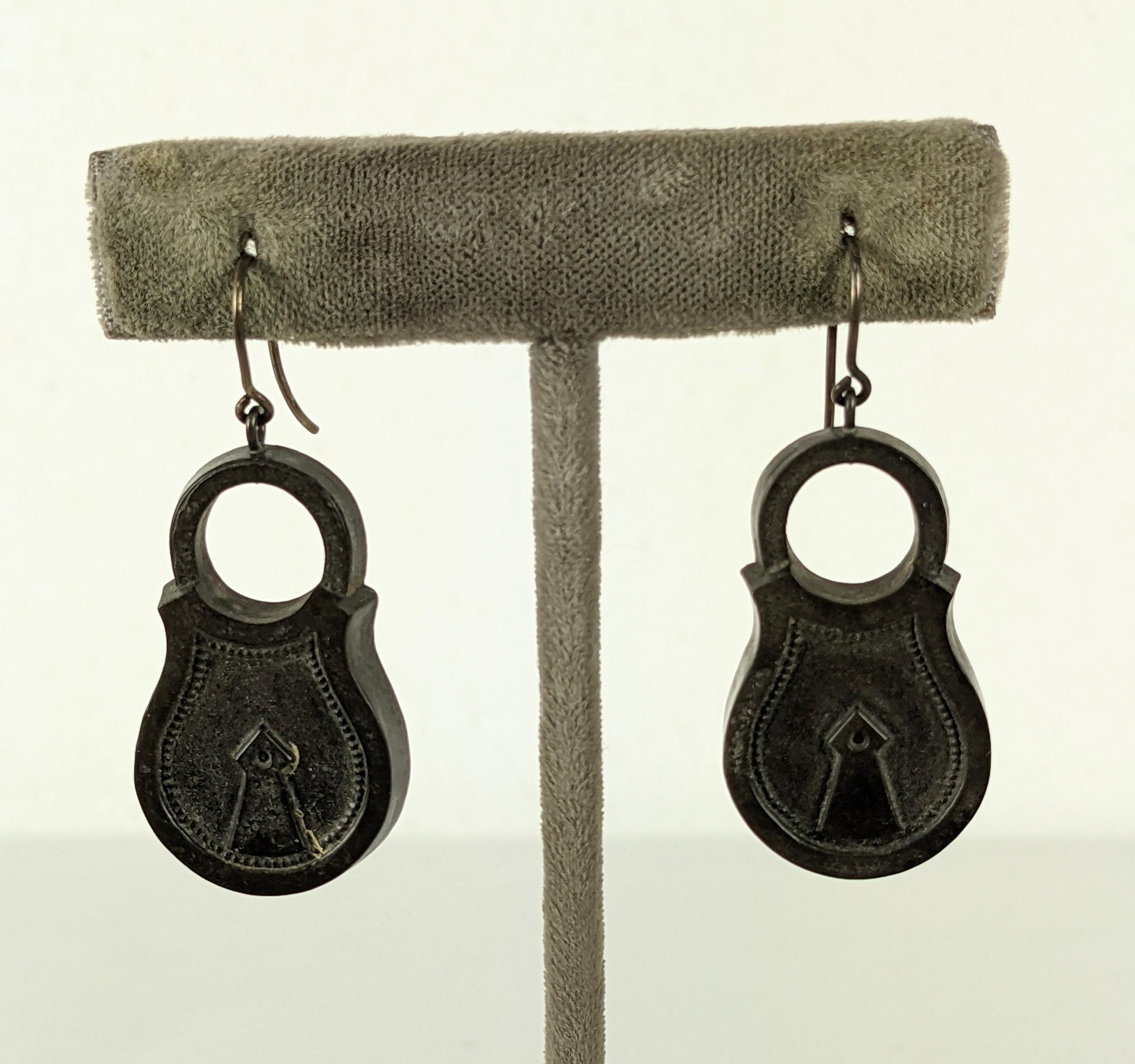 Charming Victorian Gutta Percha Padlock Earrings from the 1880's USA. 
1.25