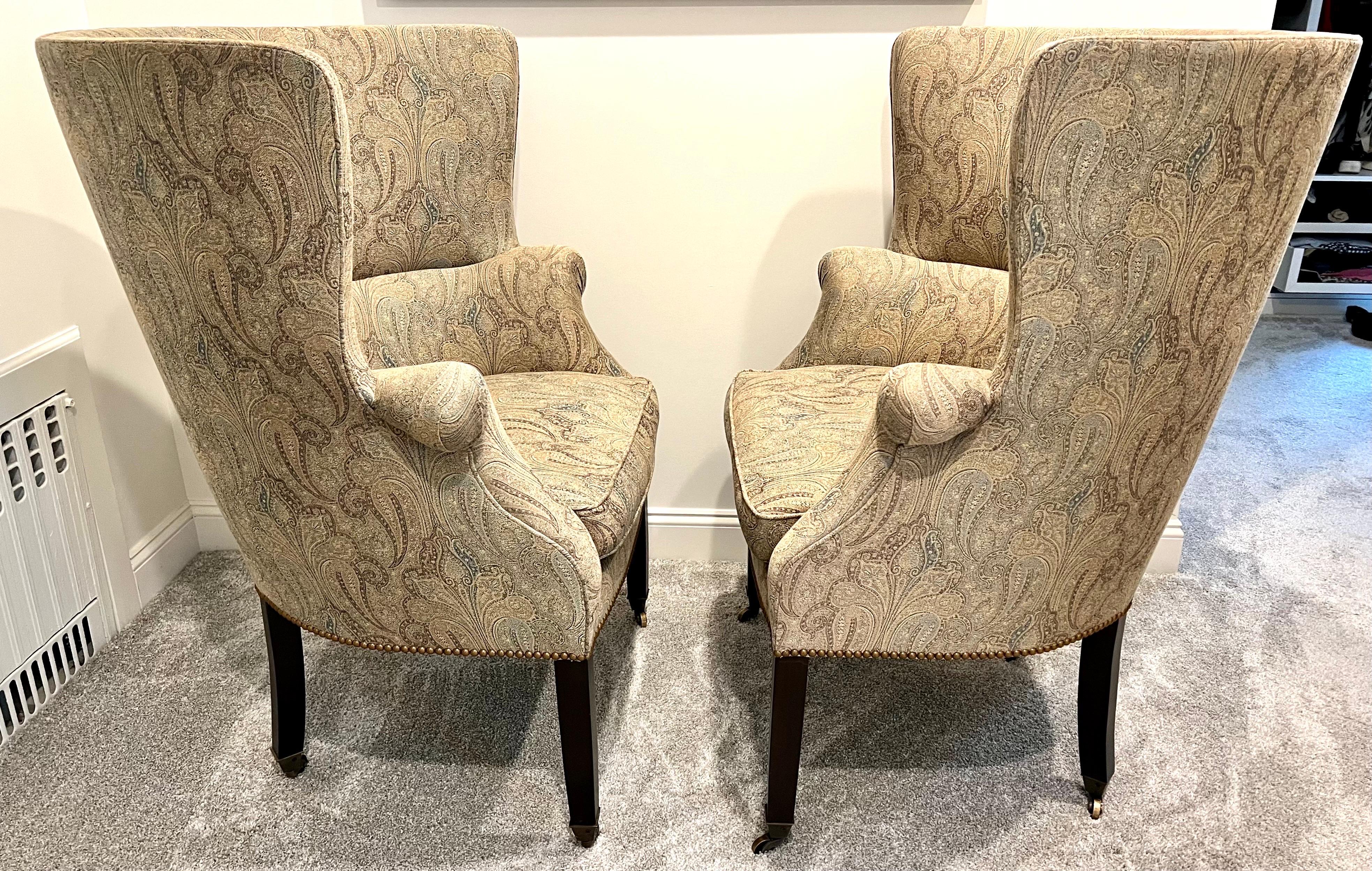 Upholstery Victorian Hagan Wainscott Wingback Wing Chairs, Pair