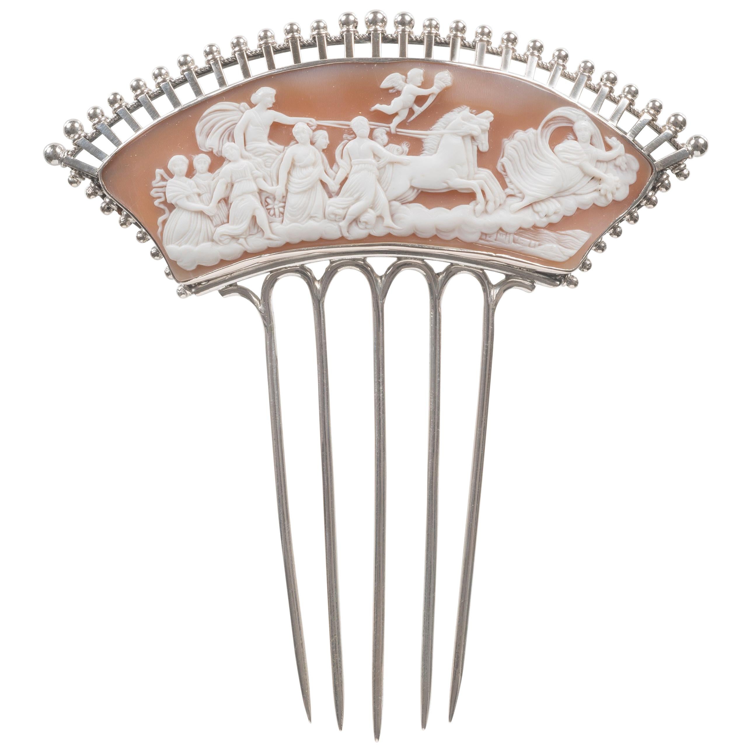 Victorian Hair Comb Shell Cameo Silver