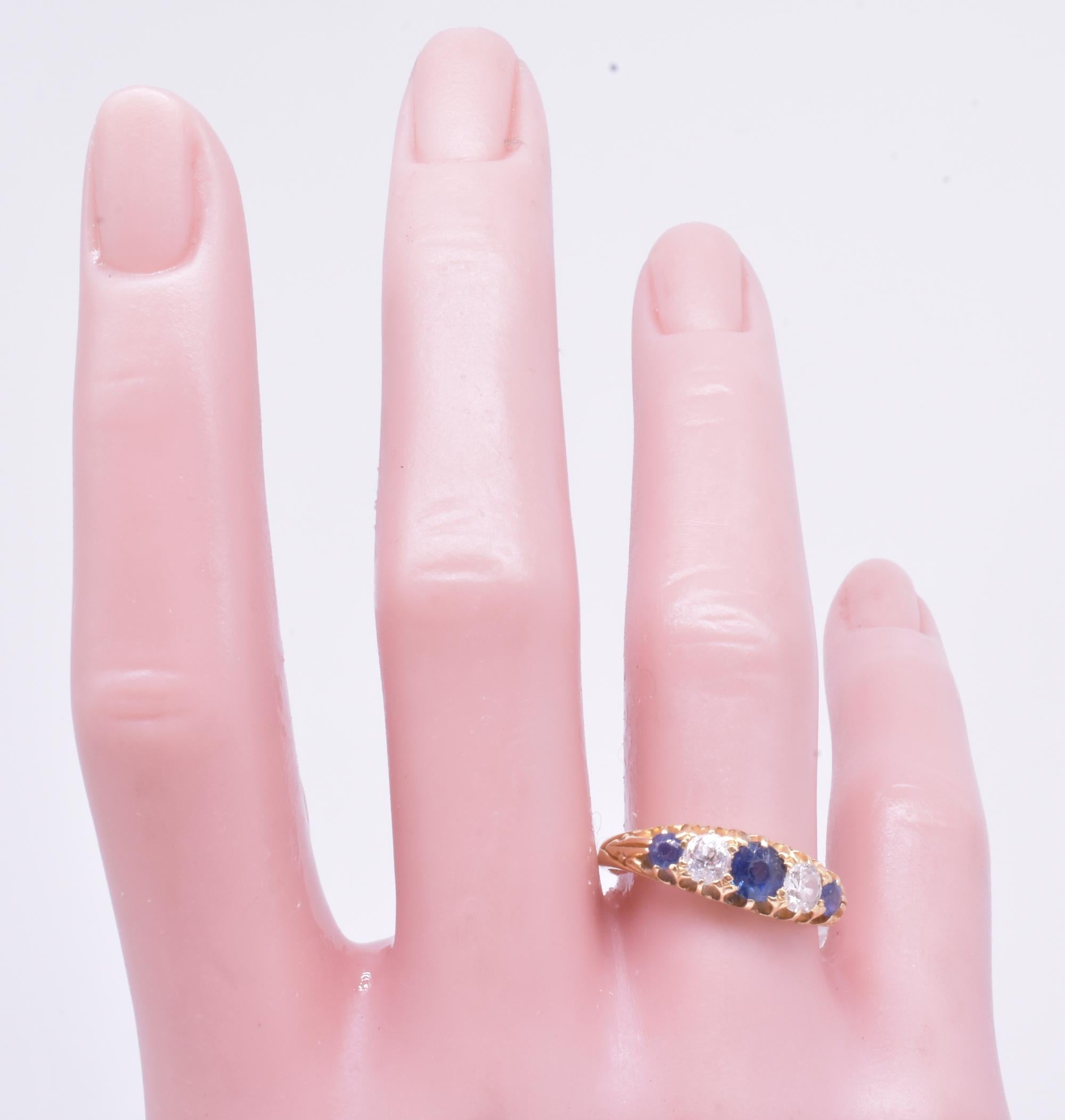 Edwardian Five Stone Ring of 3 Sapphires and 2 Diamonds 4