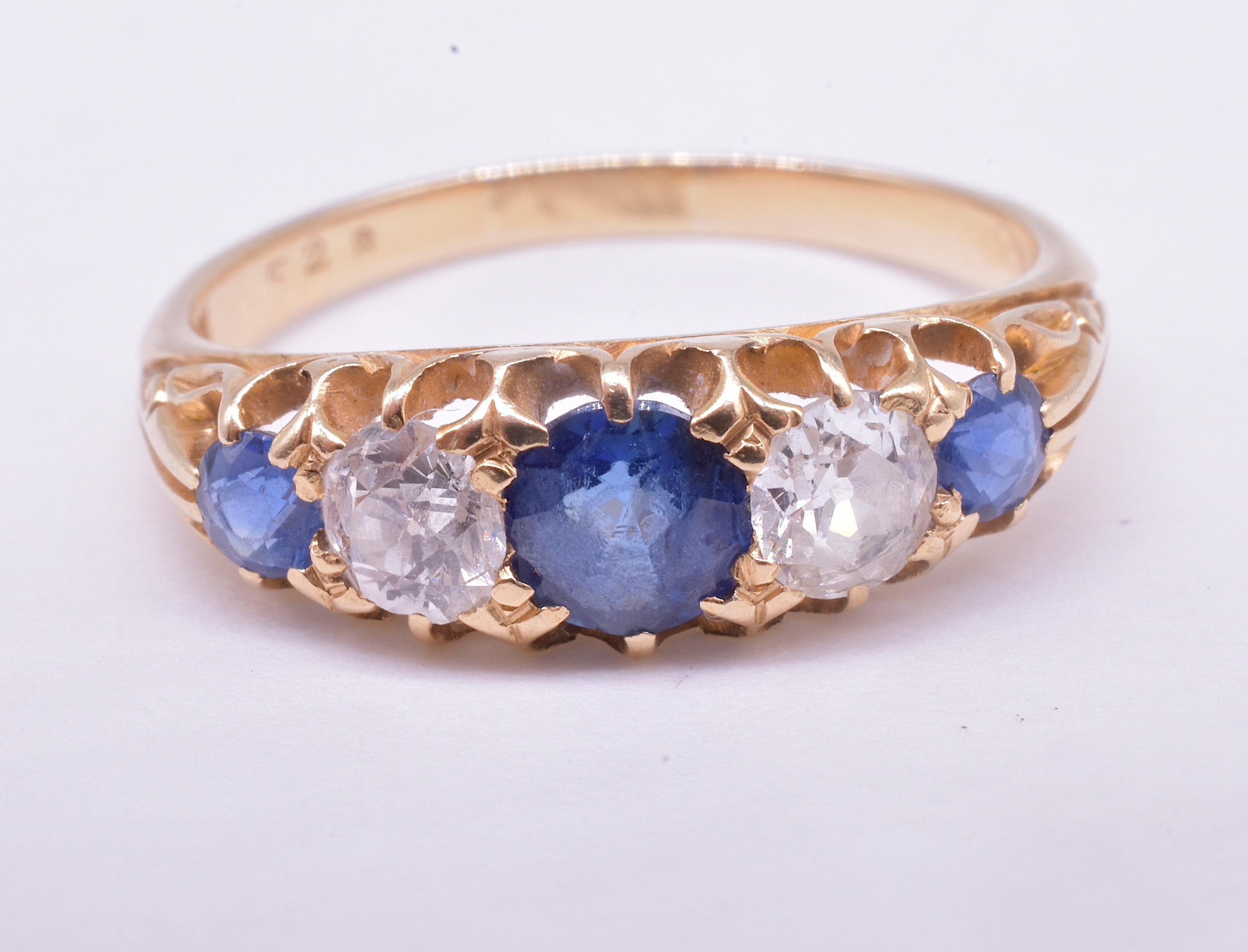 Edwardian Five Stone Ring of 3 Sapphires and 2 Diamonds 5