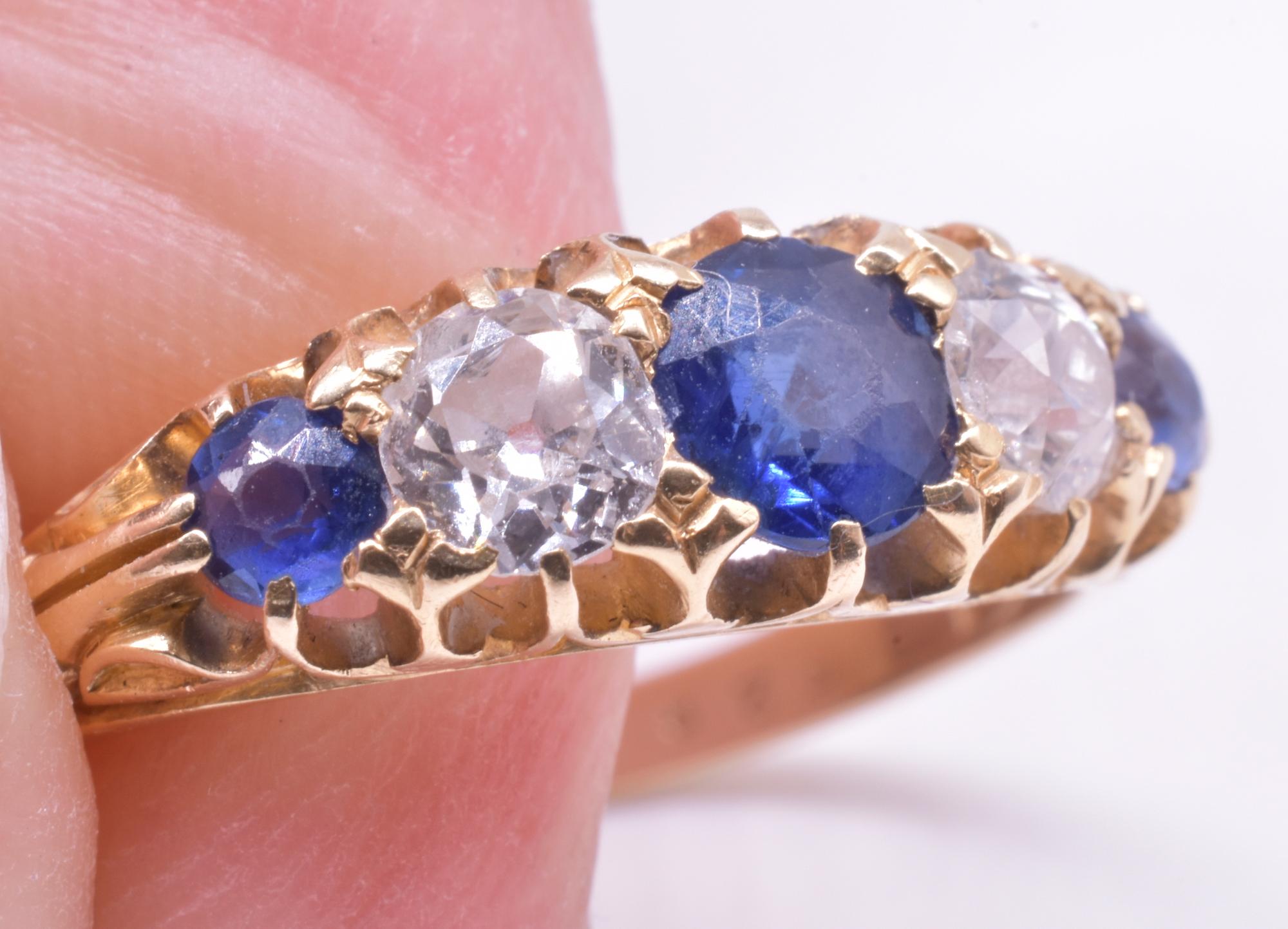 Women's Edwardian Five Stone Ring of 3 Sapphires and 2 Diamonds