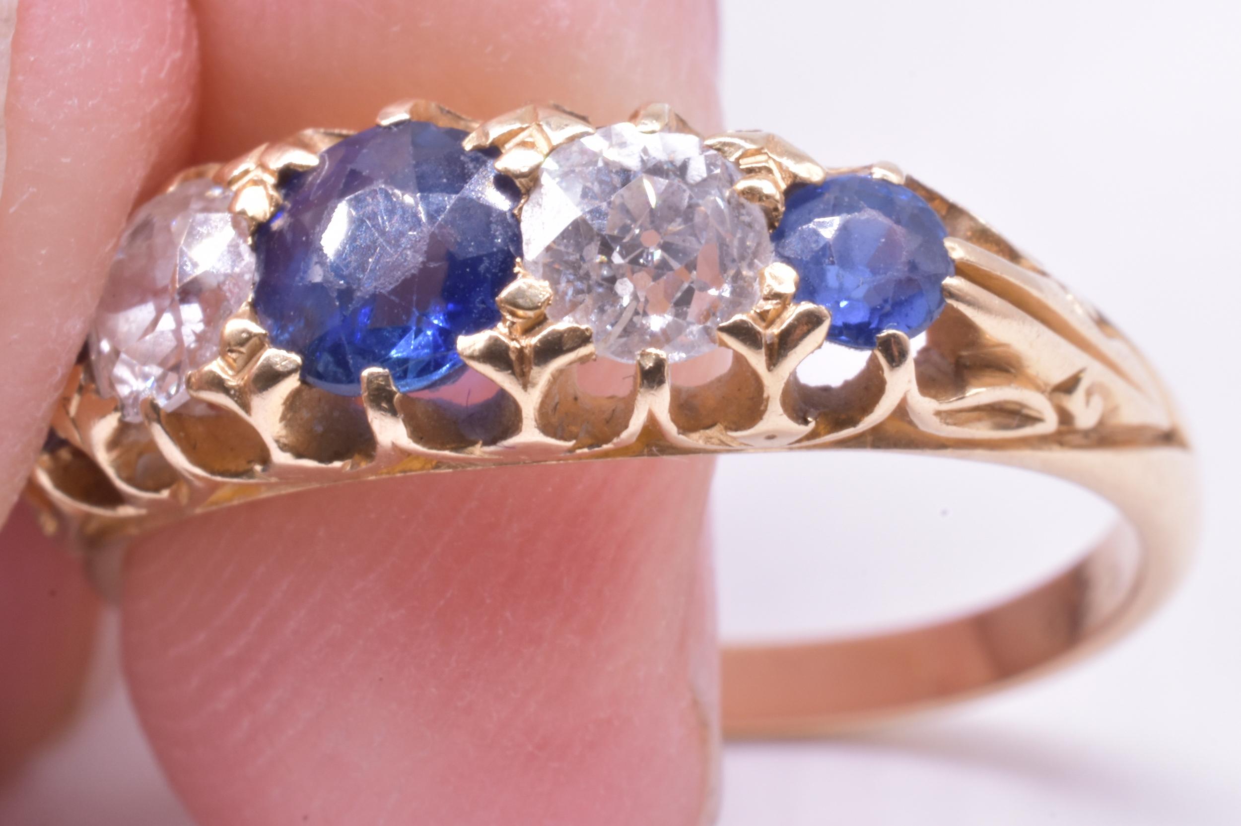 Edwardian Five Stone Ring of 3 Sapphires and 2 Diamonds 1
