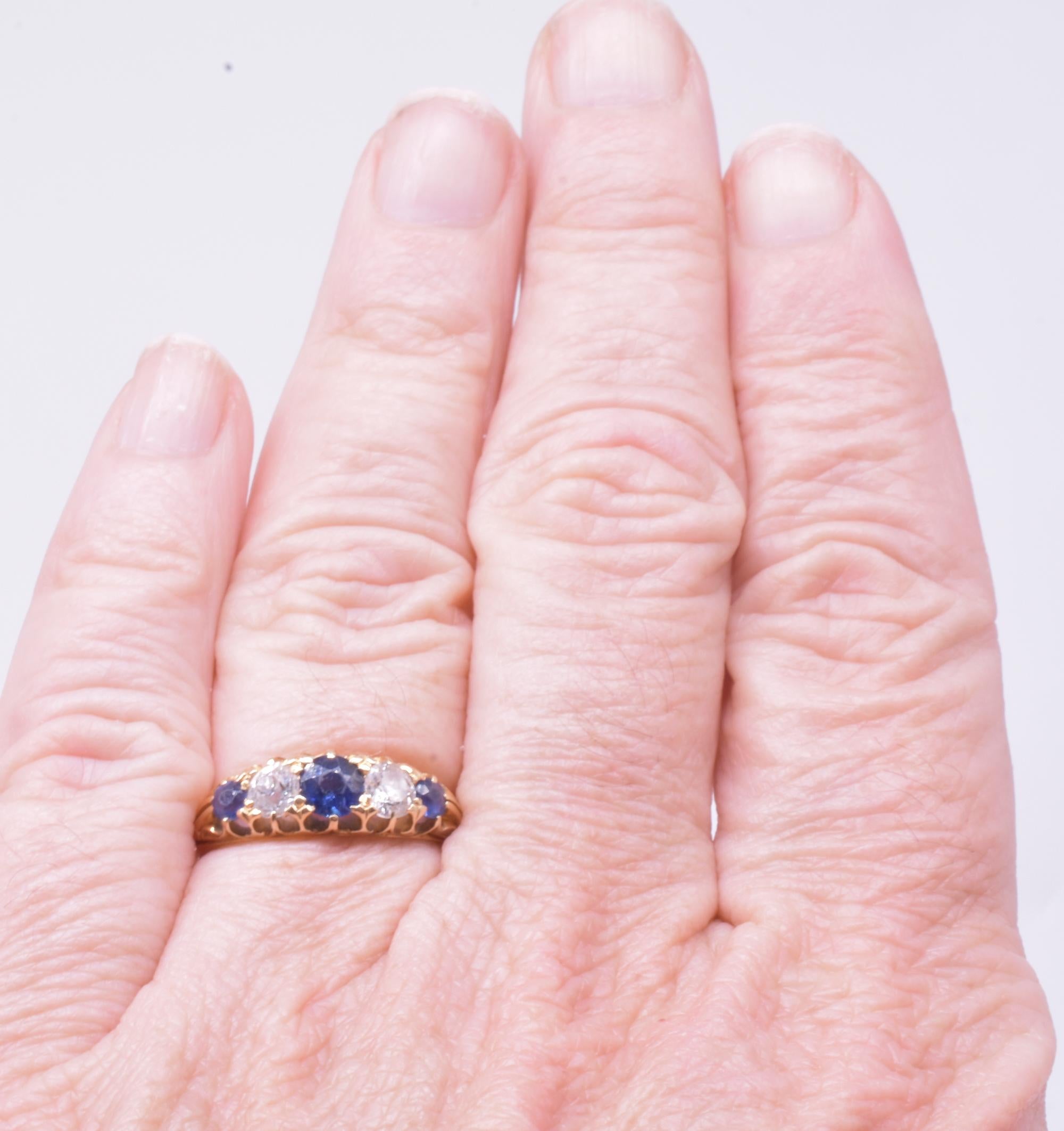 Edwardian Five Stone Ring of 3 Sapphires and 2 Diamonds 2