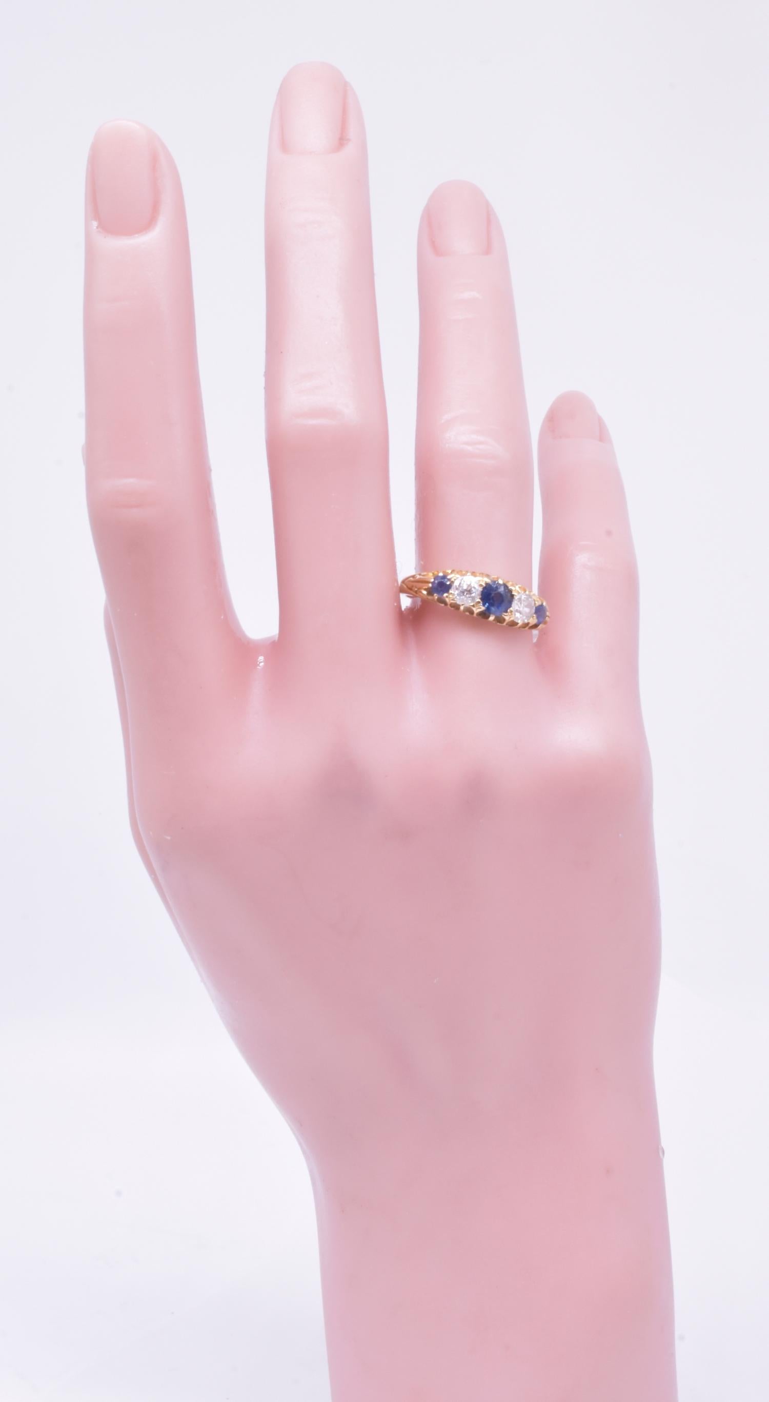 Edwardian Five Stone Ring of 3 Sapphires and 2 Diamonds 3