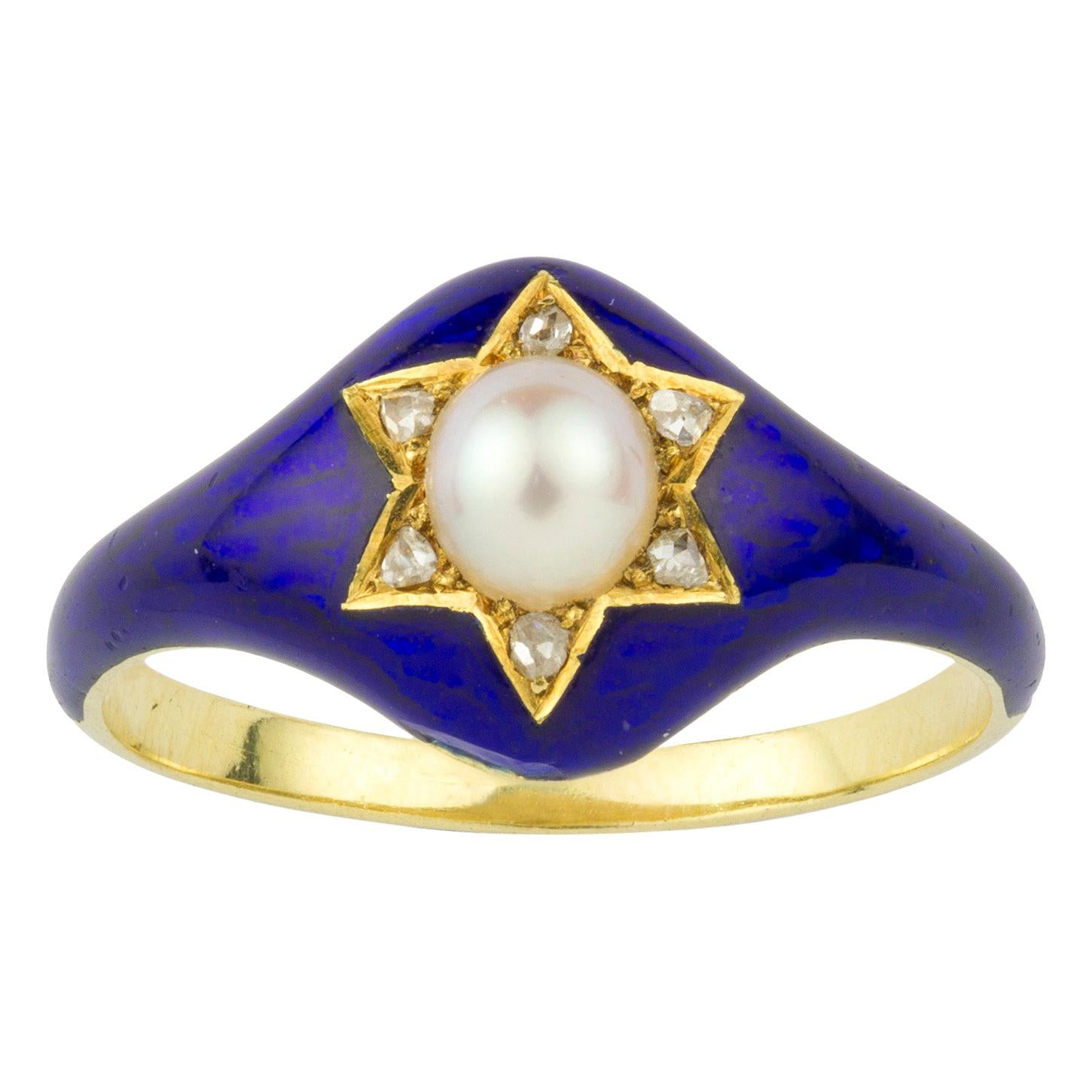 Victorian Half Pearl, Diamond and Blue Enamel Ring