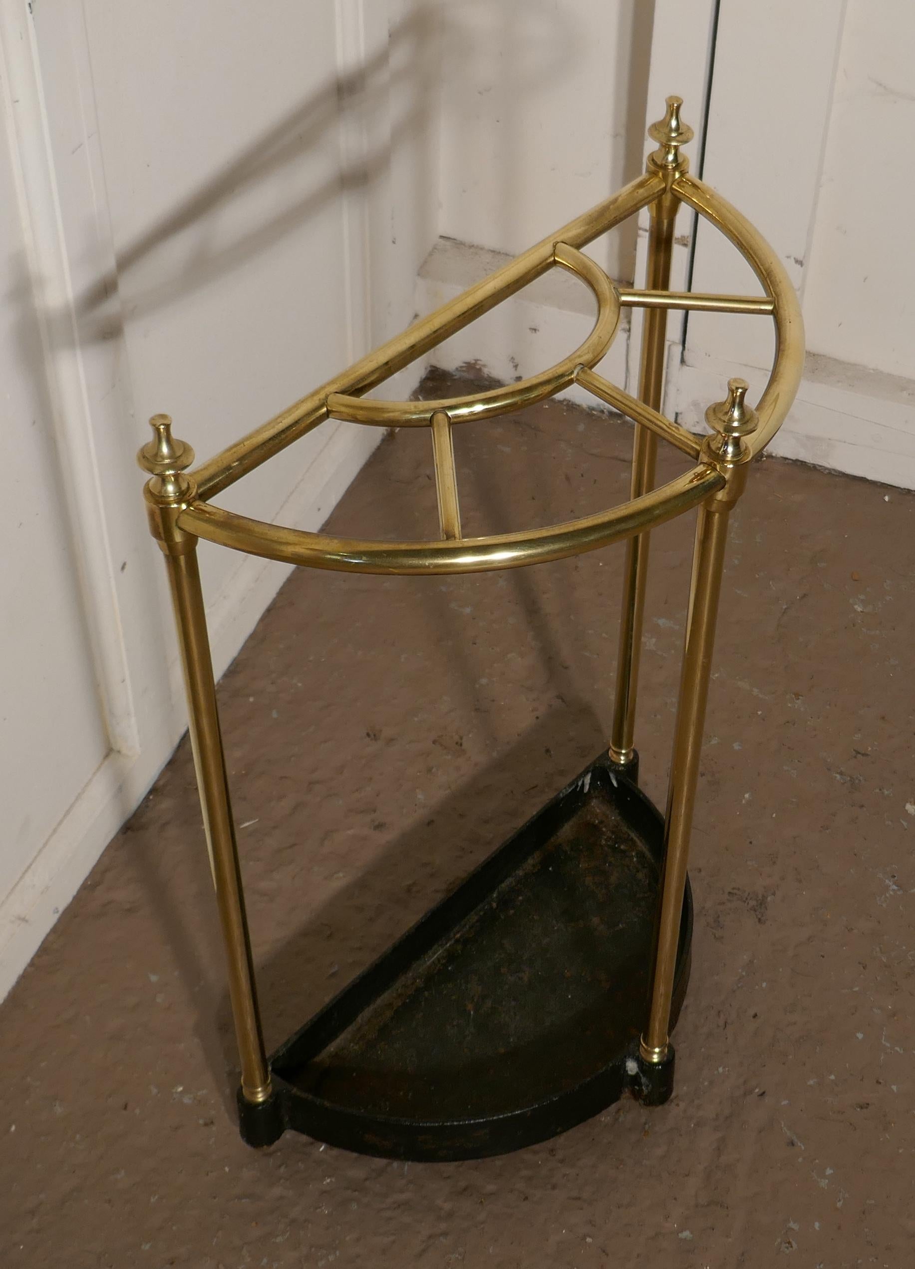Victorian half round steel & iron stick stand or umbrella stand
A charming piece, and it has a very unusual half moon shape, the steel stand is divided into 5 sections to hold either Walking Sticks or Umbrellas and topped of with brass knobs, the