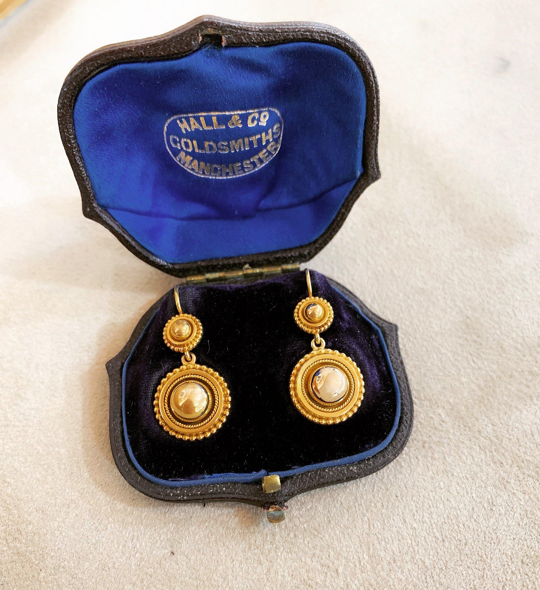 Original Victorian Era Antique 15ct Gold double dome disc drop earrings with ball edge decoration English Origins. 

These beautiful earrings, truly are just exquisite. Sublime 15ct gold Antique Earrings created in the late Victorian Hall & Co, who