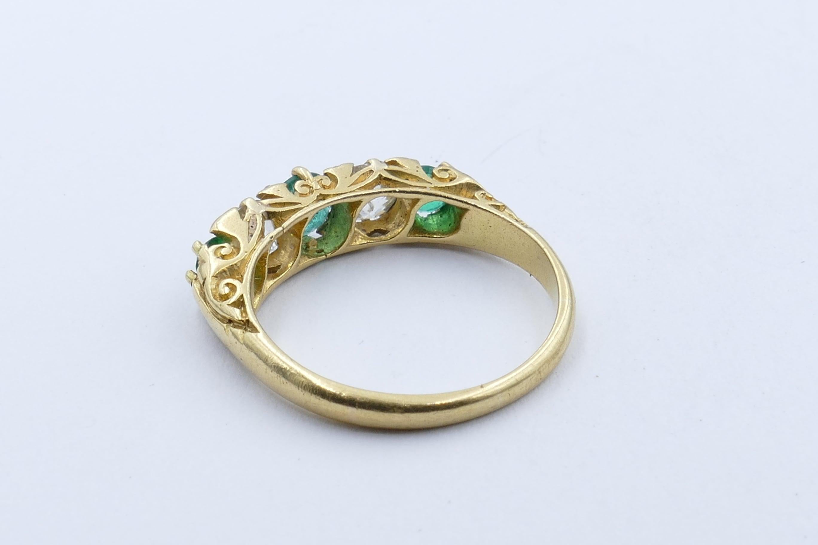 Old European Cut Victorian Hallmarked 18 Carat Yellow Gold Emerald and Diamond Carved Hoop Ring For Sale