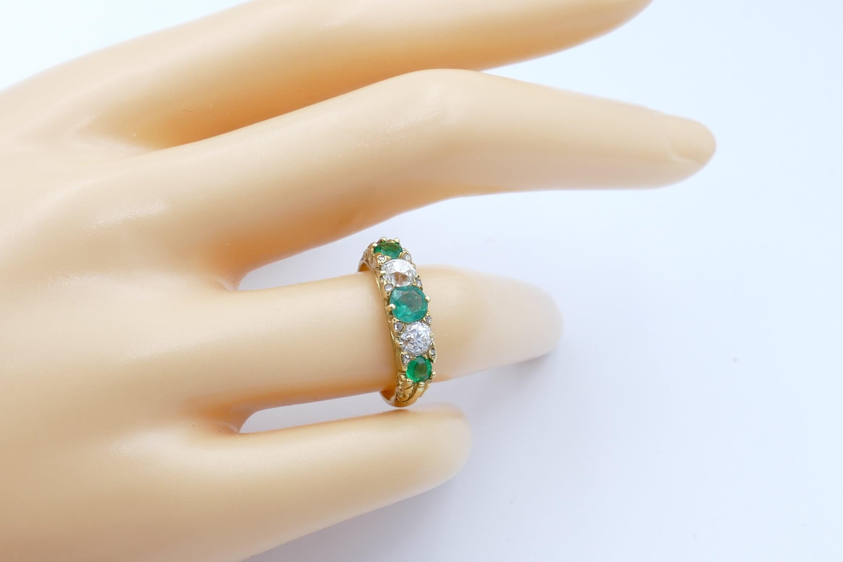 Women's or Men's Victorian Hallmarked 18 Carat Yellow Gold Emerald and Diamond Carved Hoop Ring For Sale