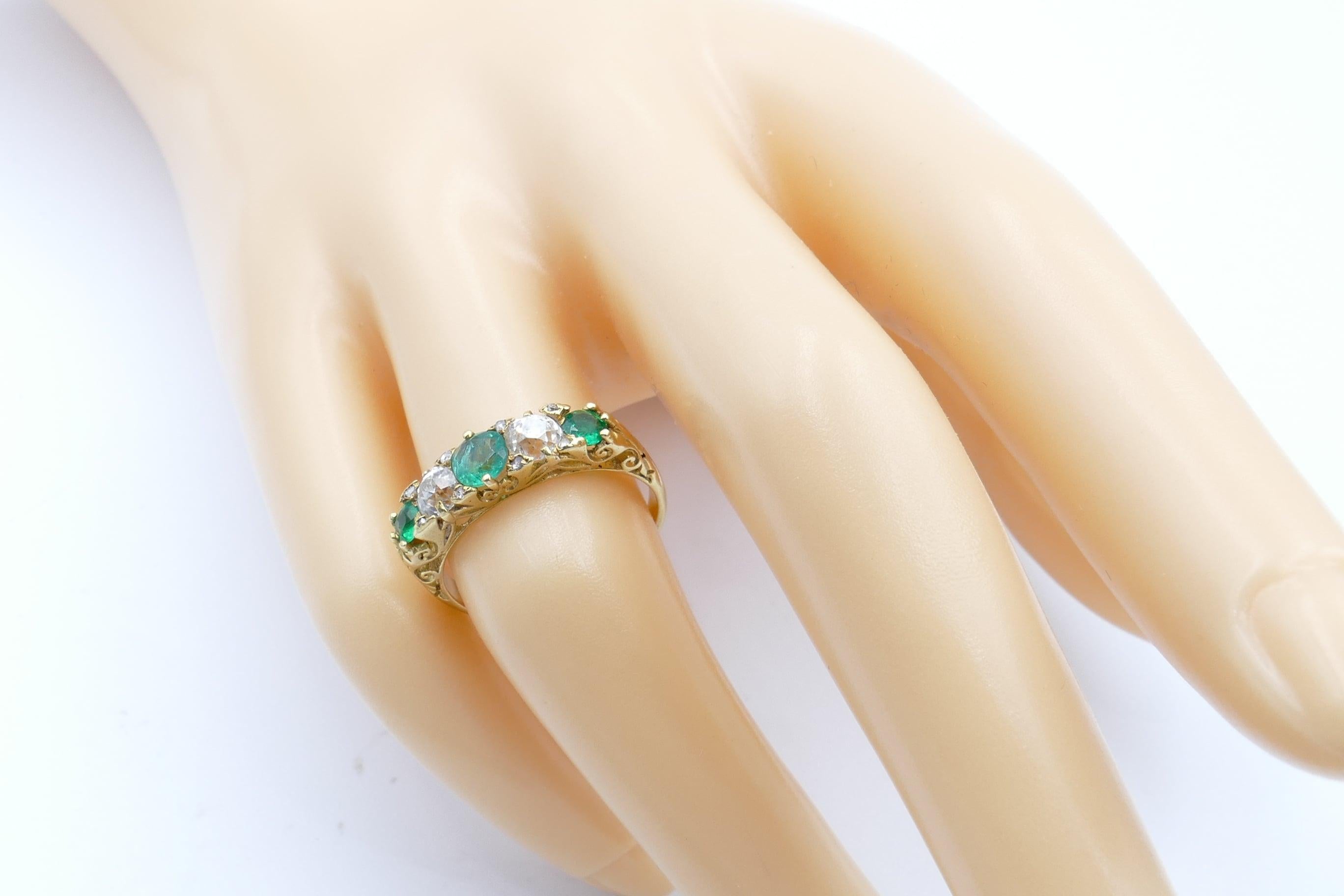 Victorian Hallmarked 18 Carat Yellow Gold Emerald and Diamond Carved Hoop Ring For Sale 1
