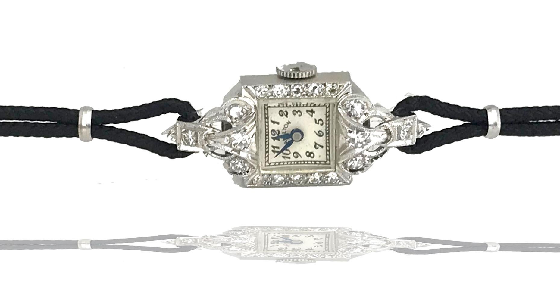 Art Deco Victorian, Hamilton Black Cord Diamond Watch For Sale