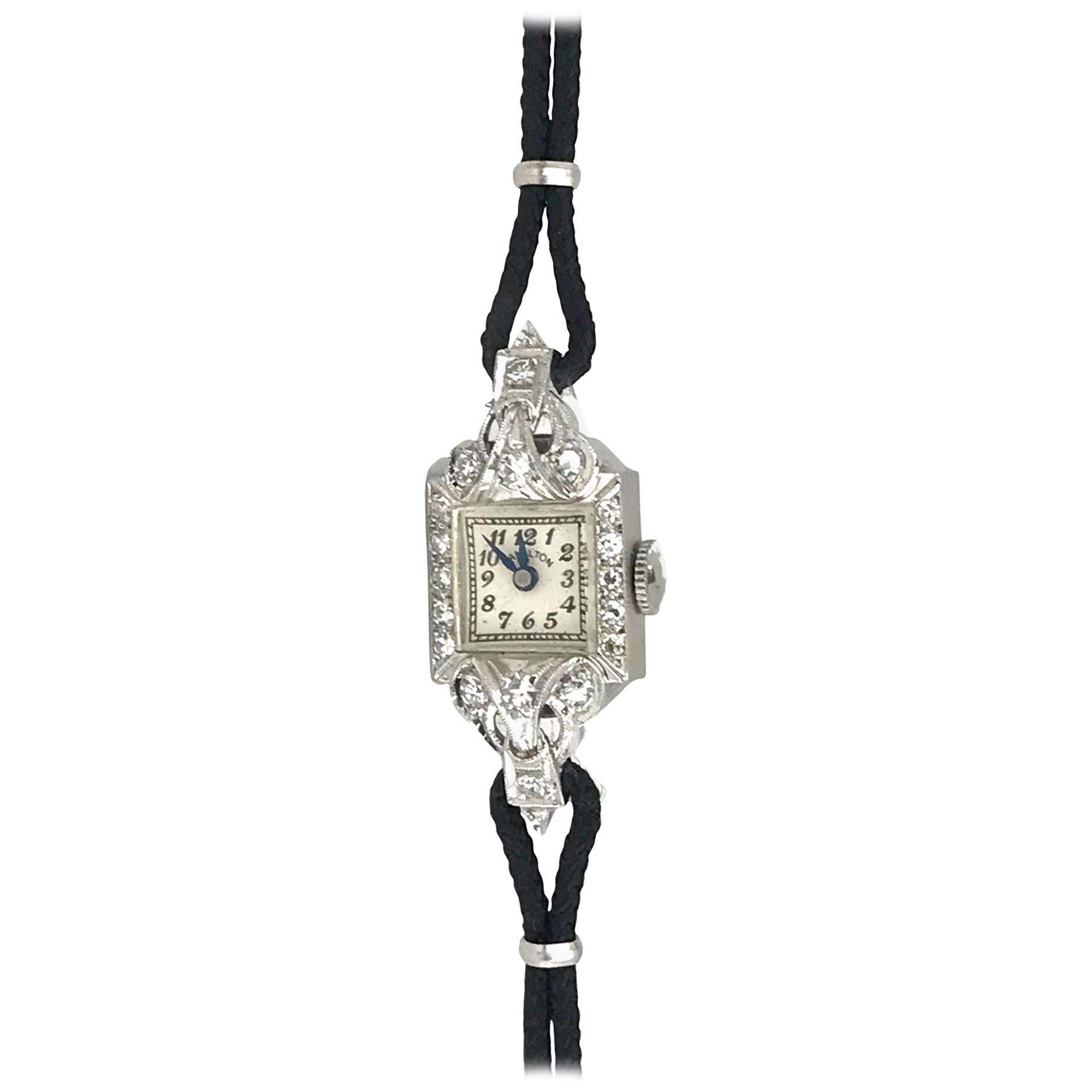 Victorian, Hamilton Black Cord Diamond Watch For Sale