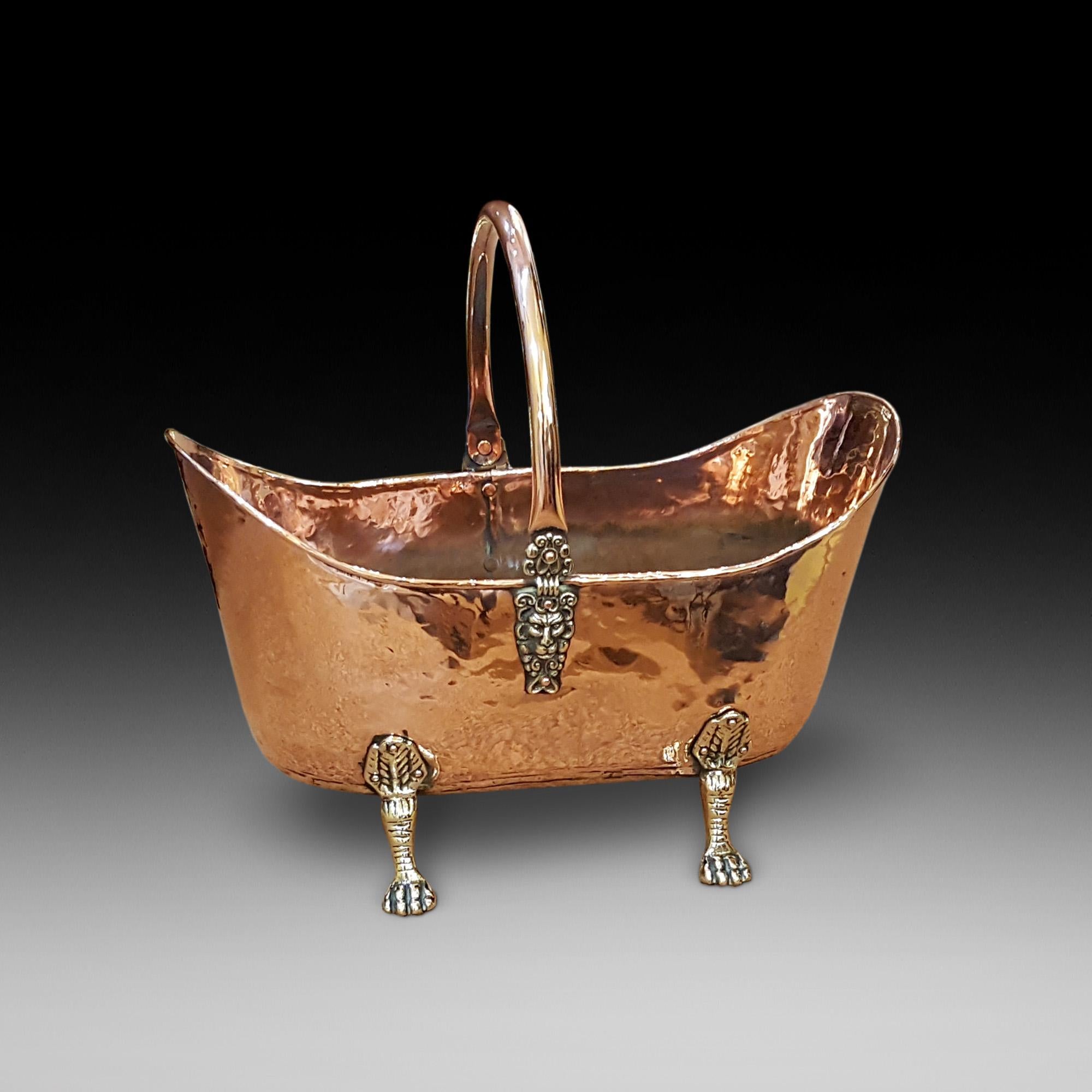 Late 19th Century Victorian Hammered Copper and Brass Log Bucket