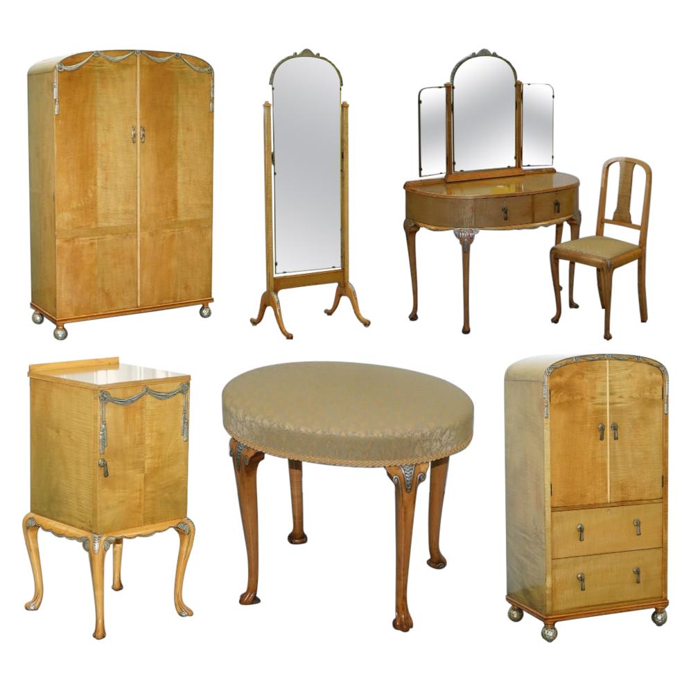 Victorian Hampton & Son's Satinwood Bedroom Suite Wardrobe Dressing Table Mirror