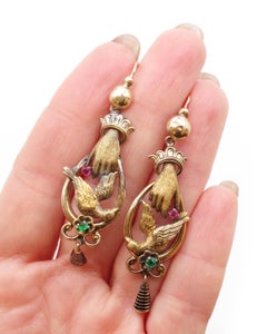 Victorian hand and dove gold earrings in 18k and 14k, Romantic earrings
