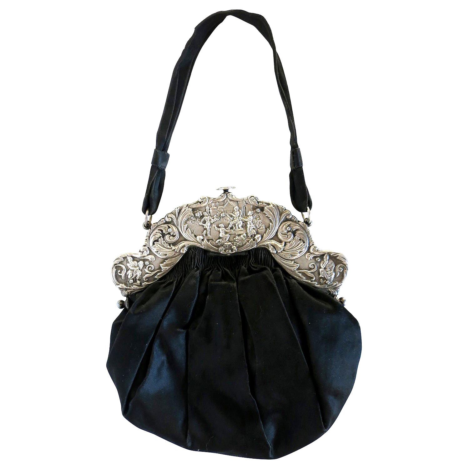 Viktorianische Handtasche mit großer dekorativer Sterling Silber Schließe