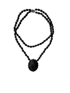 Victorian Hand-Carved Bog Oak Rose Pendant Multi-Strand Necklace, c. 1880s