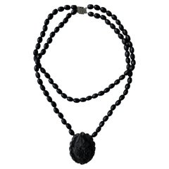Victorian Hand-Carved Bog Oak Rose Pendant Multi-Strand Necklace, c. 1880s