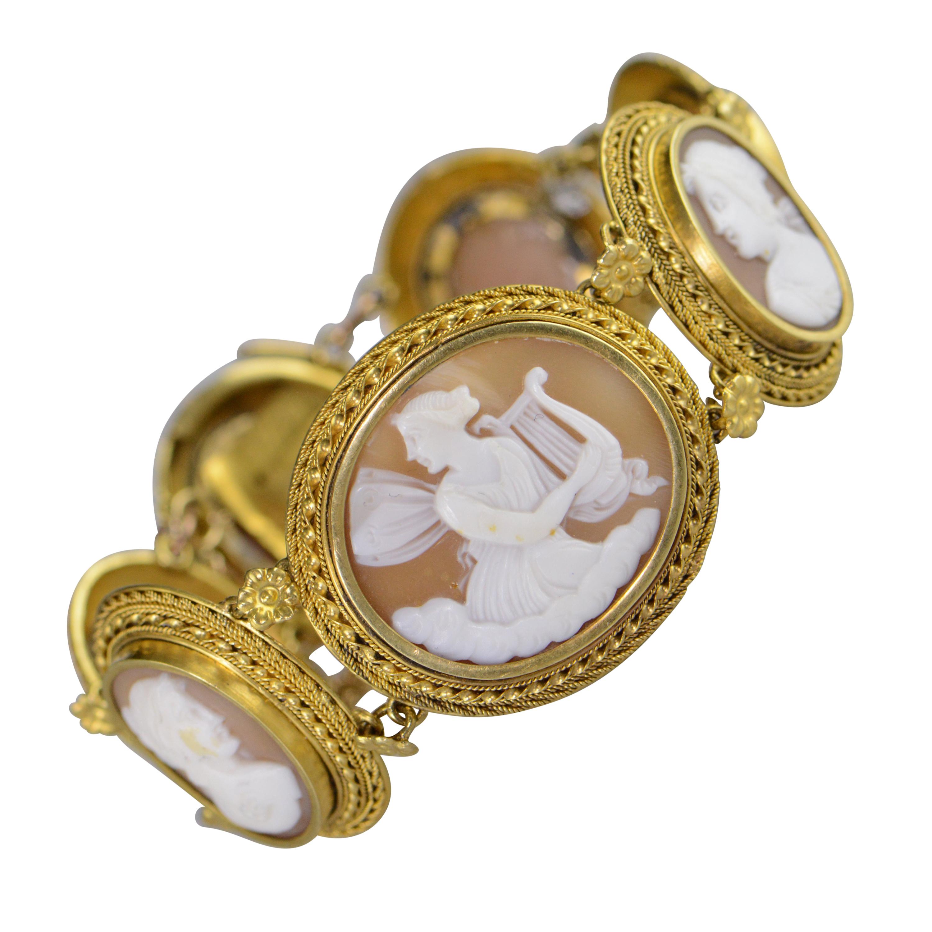 Victorian Hand Carved Cameo Bracelet Gold For Sale