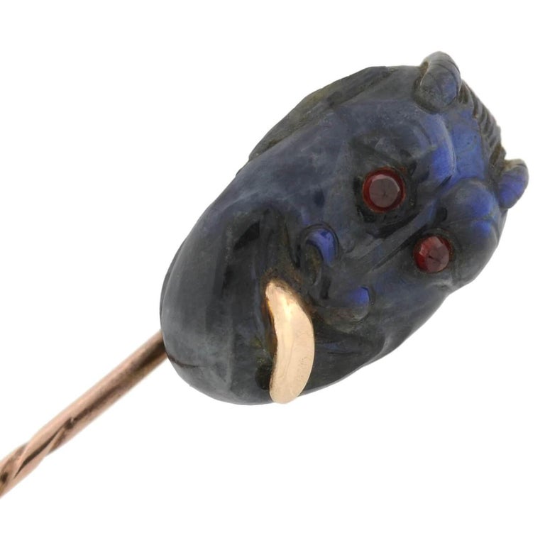 Victorian Hand Carved Labradorite and Garnet Devil Stick Pin In Good Condition For Sale In Narberth, PA