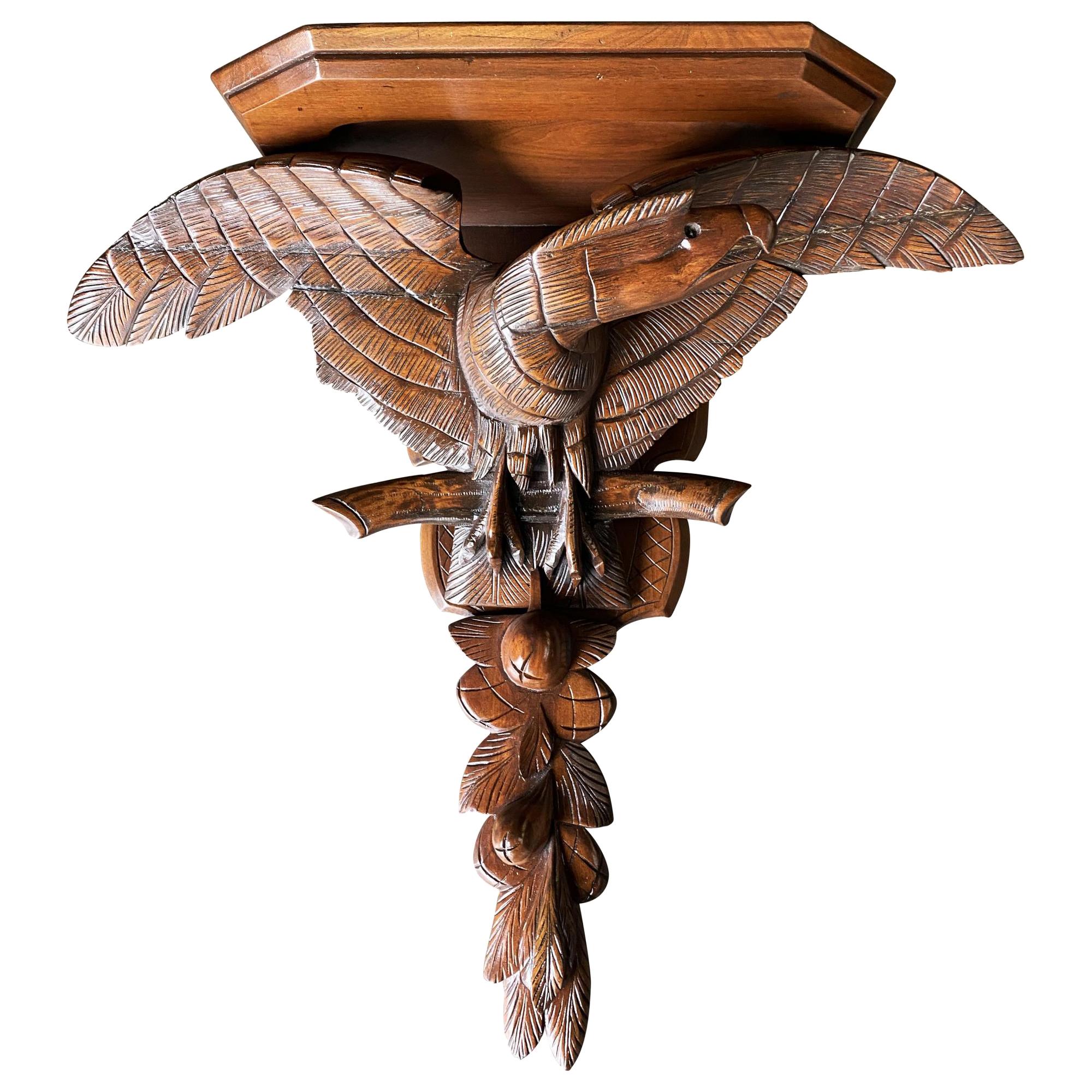 Victorian Hand Carved Oak American War Eagle Wall Shelf Sconce For Sale