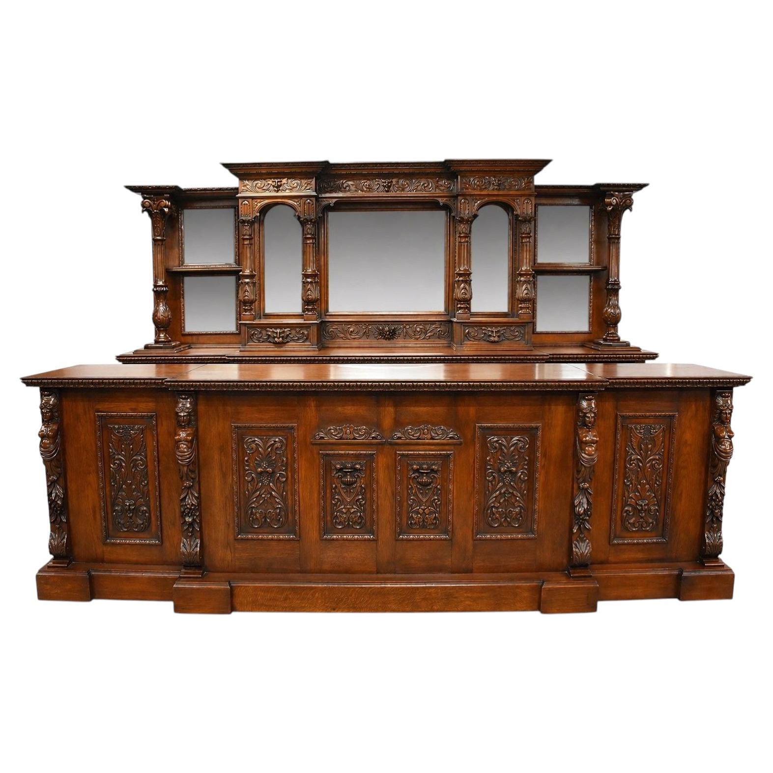 Victorian Style Hand Carved Oak Front and Back Pub Bar