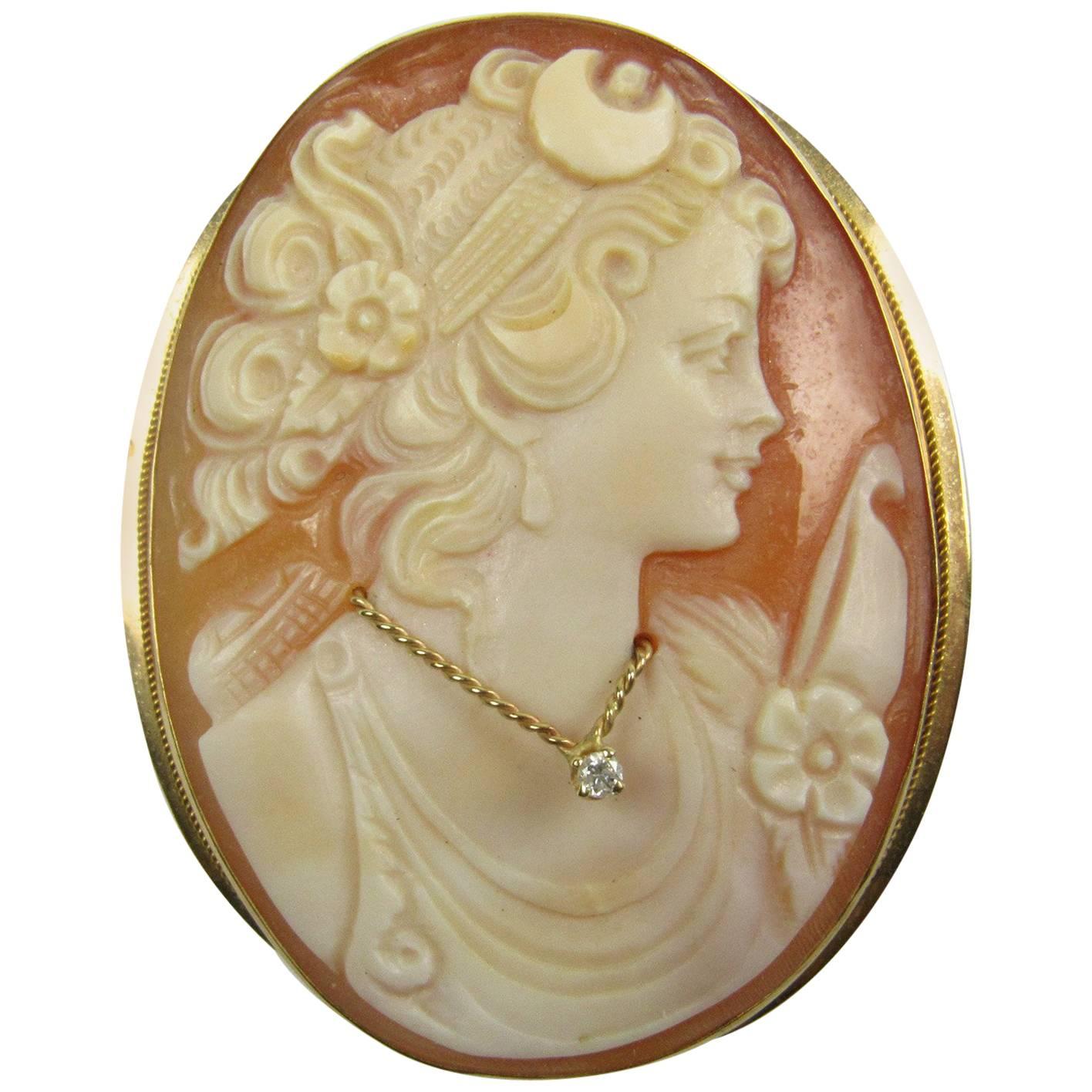 Victorian Hand-Carved Shell and Diamond Convertable Cameo Brooch For Sale