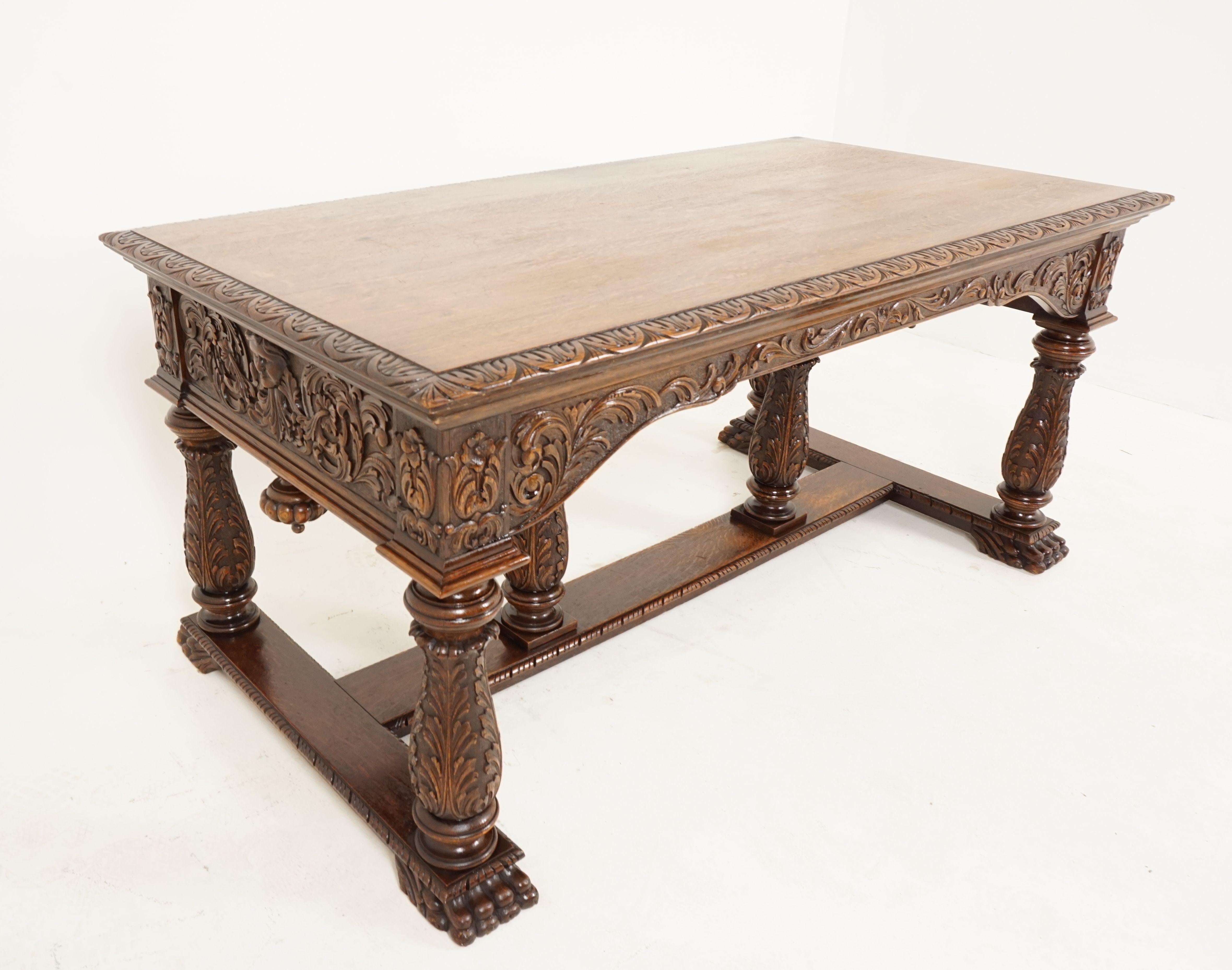 Victorian hand carved tiger oak library table, hall table, desk, Scotland 1880, H207

Scotland 1880
Solid oak
Original finish
Rectangular tiger oak top with carved edge
Heavily carved apron underneath
Carved faces on each end
All standing on four