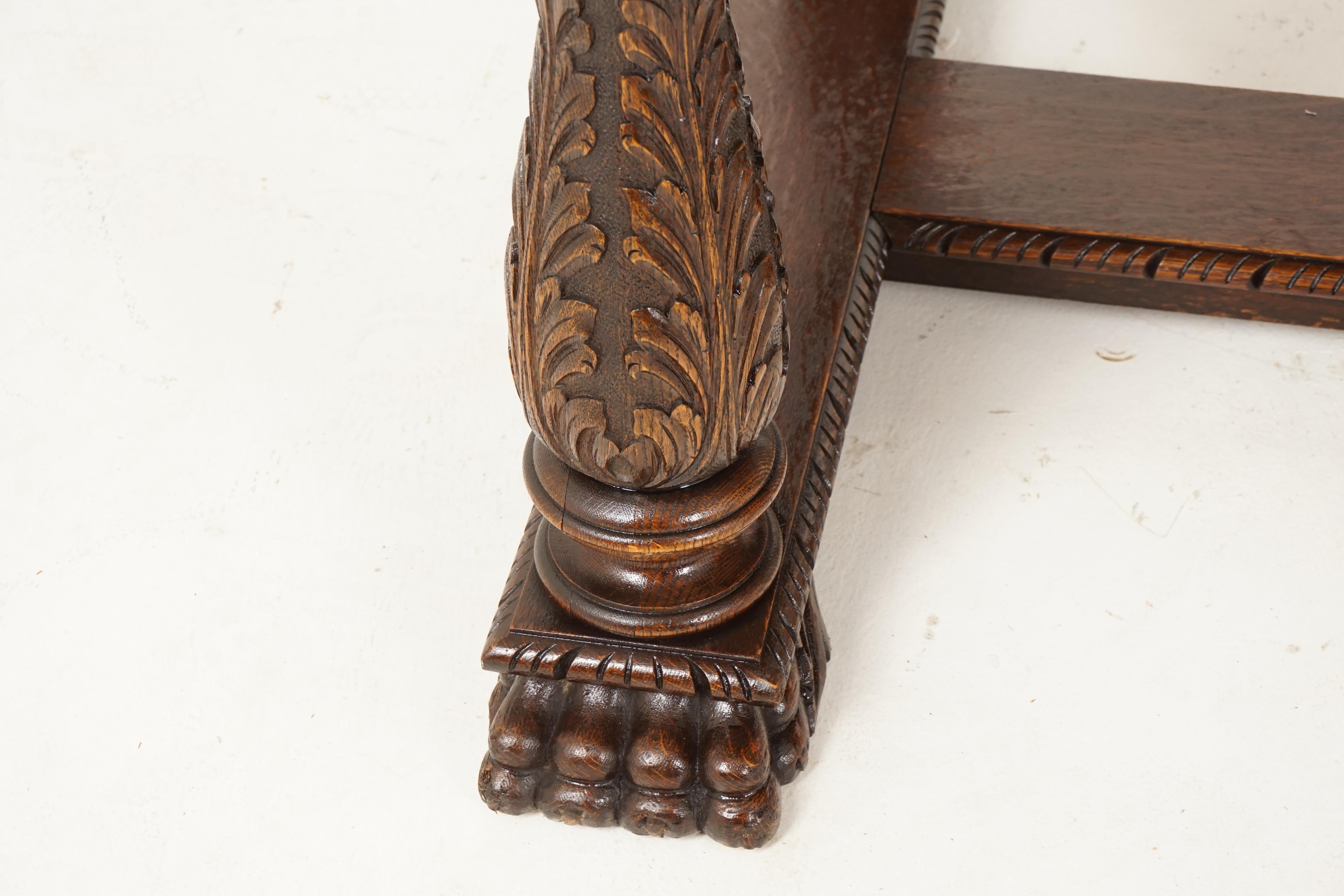 Scottish Victorian Hand Carved Tiger Oak Library Table, Hall Desk, Scotland 1880, H207