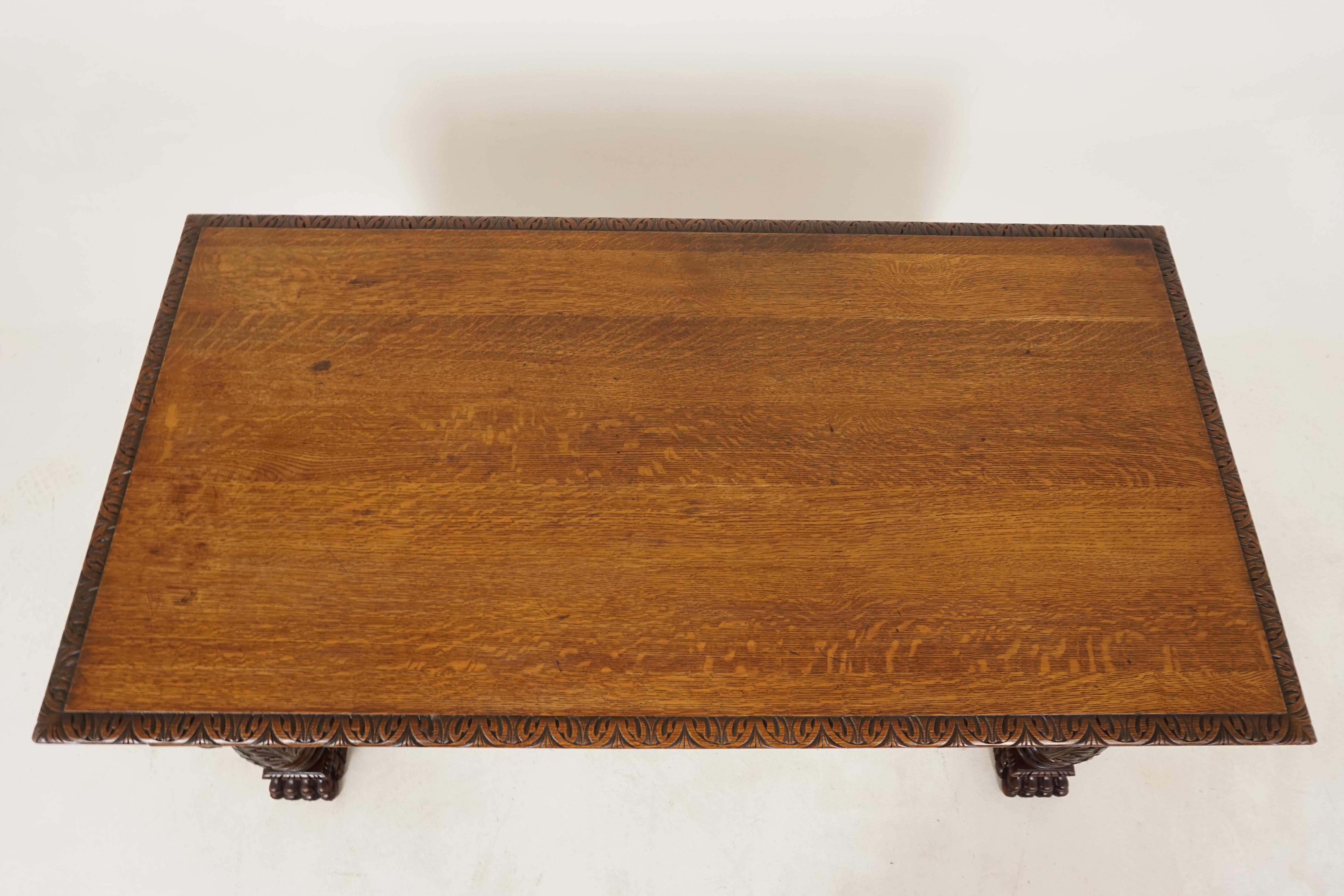 Victorian Hand Carved Tiger Oak Library Table, Hall Desk, Scotland 1880, H207 In Good Condition In Vancouver, BC