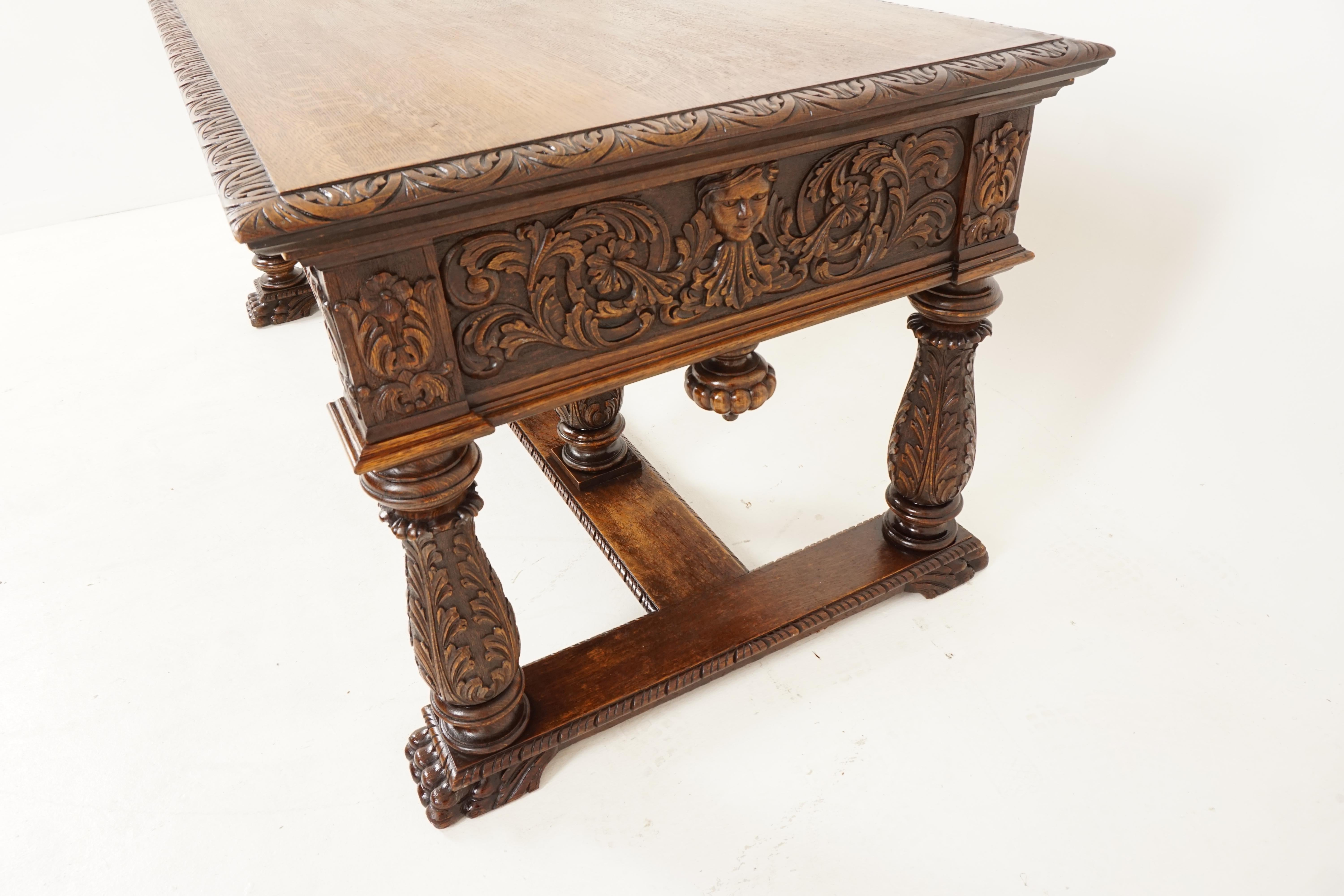 Late 19th Century Victorian Hand Carved Tiger Oak Library Table, Hall Desk, Scotland 1880, H207