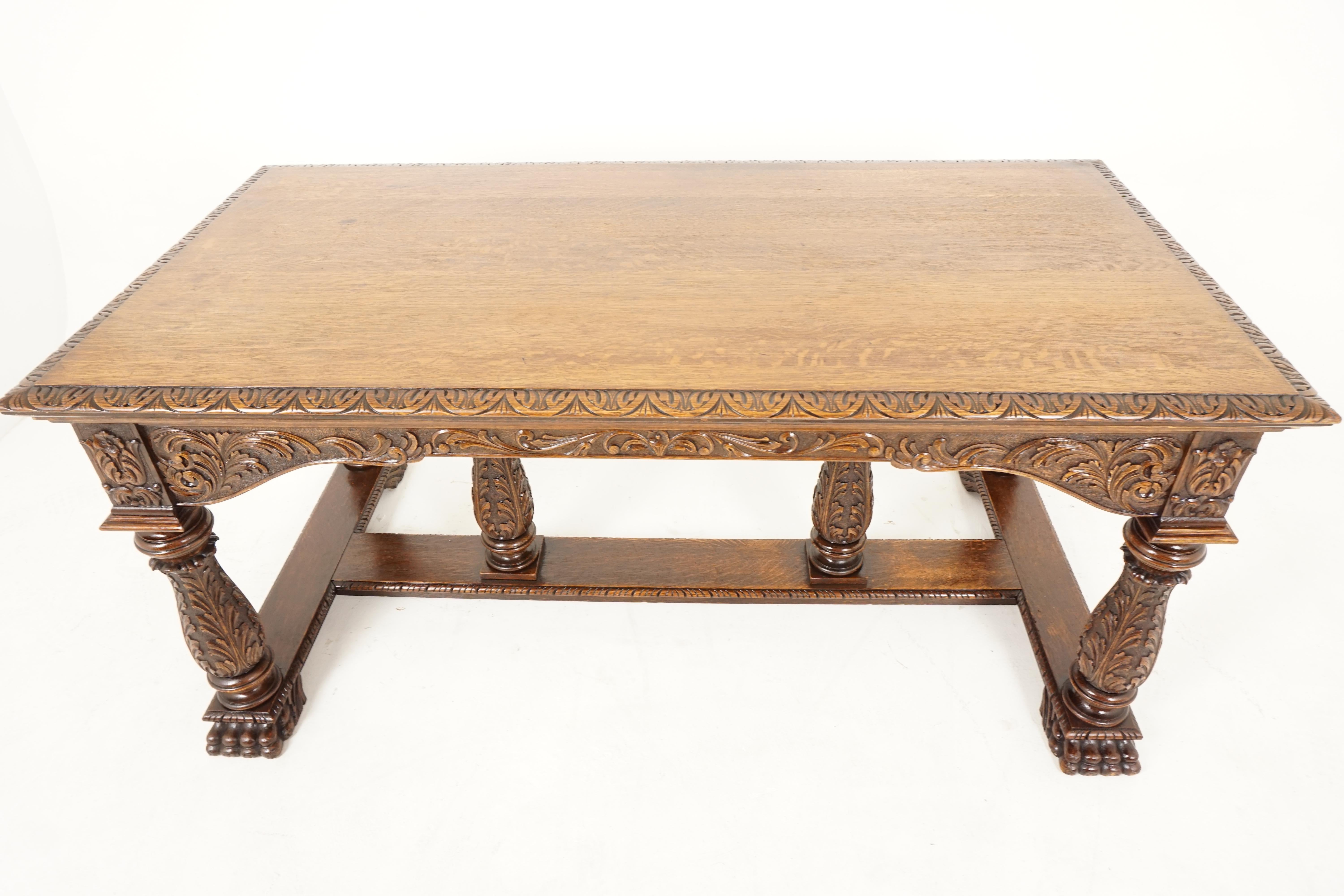 Victorian Hand Carved Tiger Oak Library Table, Hall Desk, Scotland 1880, H207 1