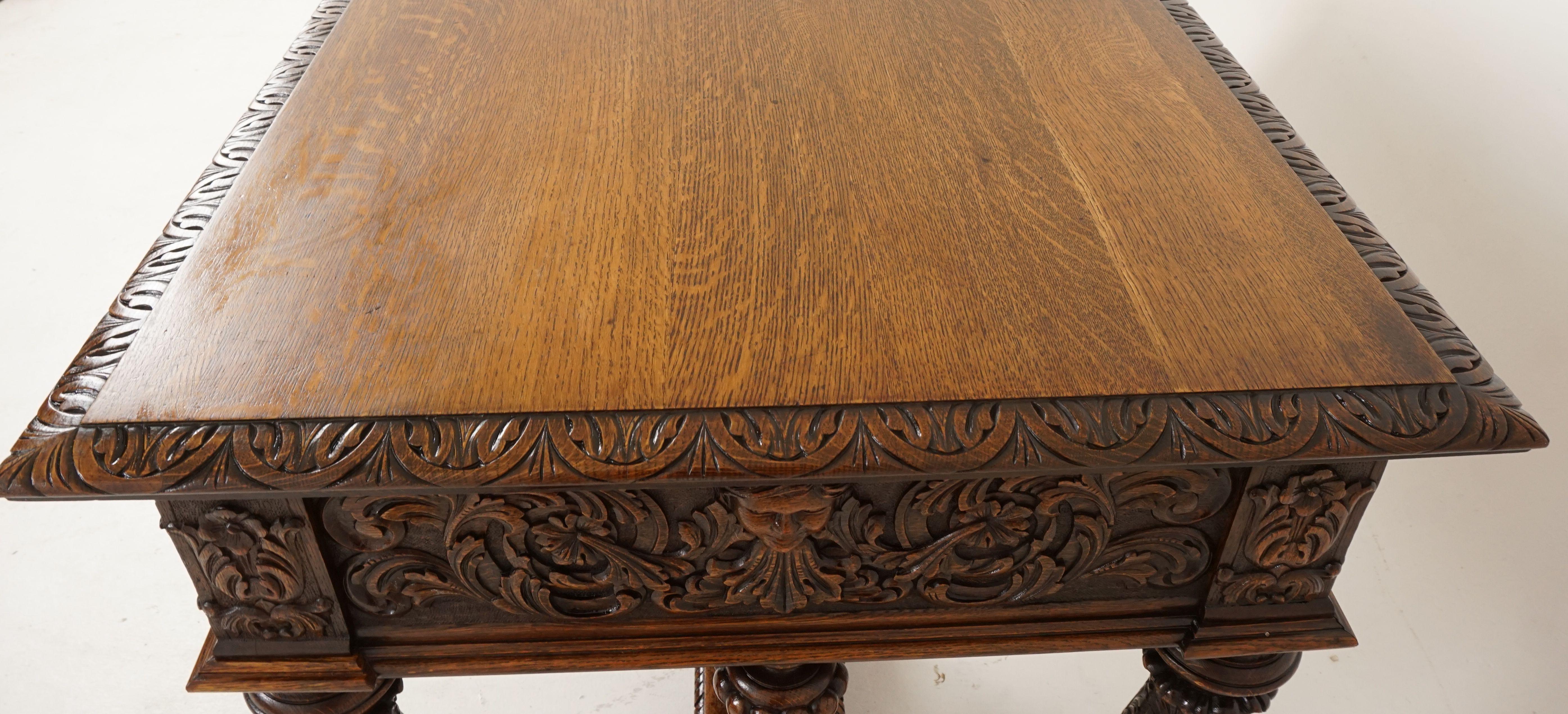 Victorian Hand Carved Tiger Oak Library Table, Hall Desk, Scotland 1880, H207 2