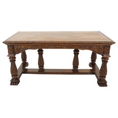 Antique Victorian Hand Carved Tiger Oak Library Table, Hall Desk, Scotland 1880, H207