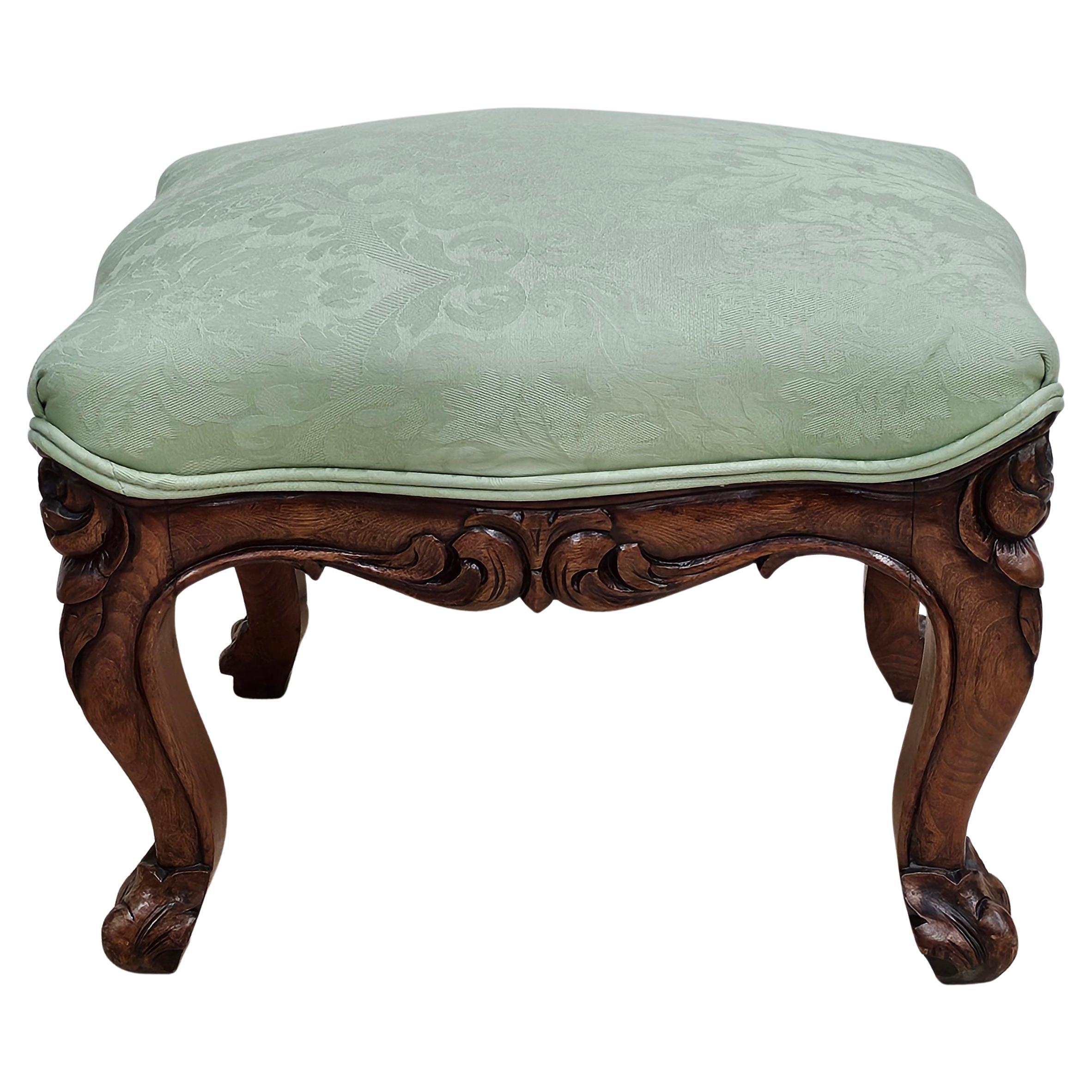 Victorian Hand Carved Walnut and Upholstered Foot Stool