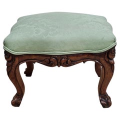 Victorian Hand Carved Walnut and Upholstered Foot Stool