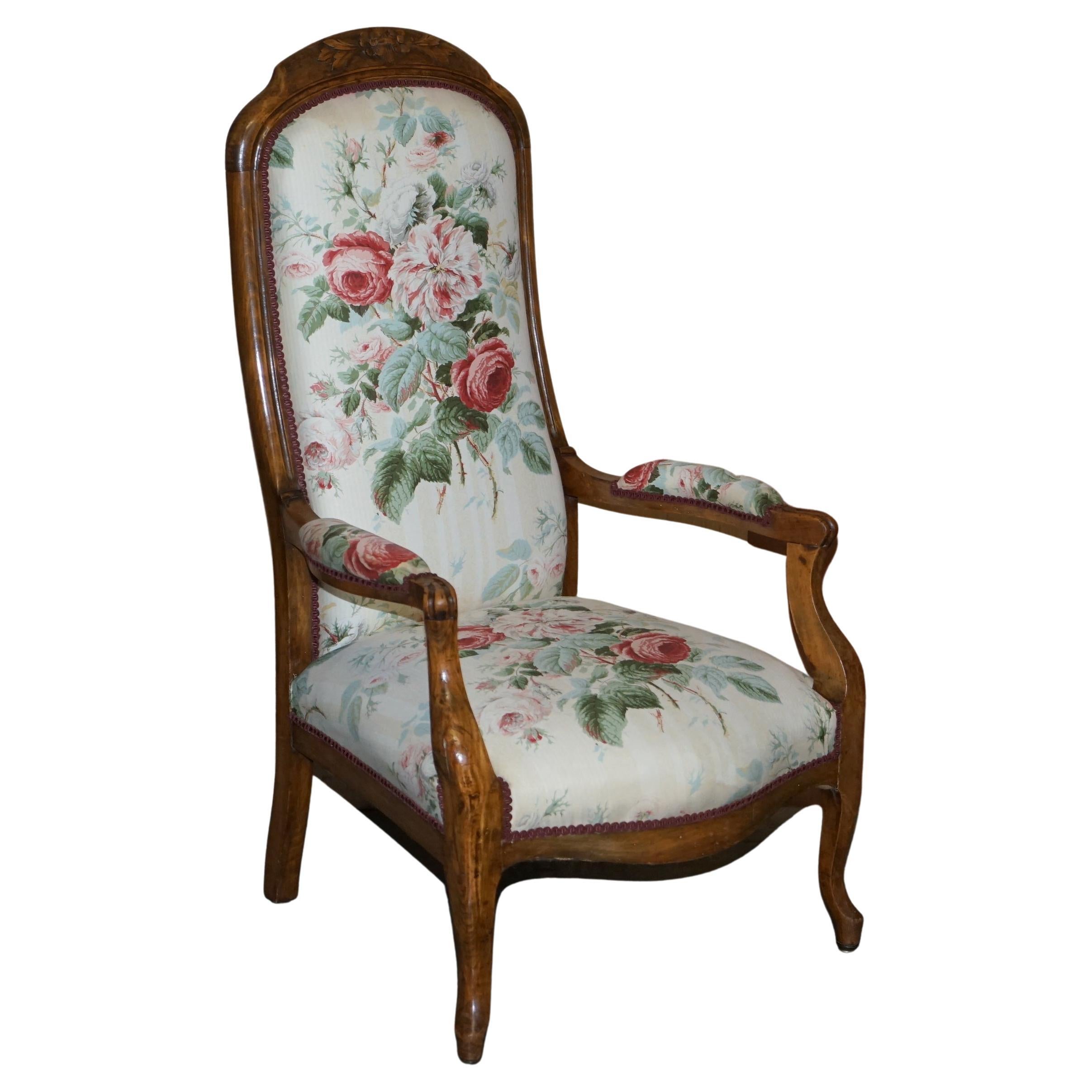 Victorian Hand Carved Walnut, Show Framed High Back Armchair in Colefax Fowler For Sale