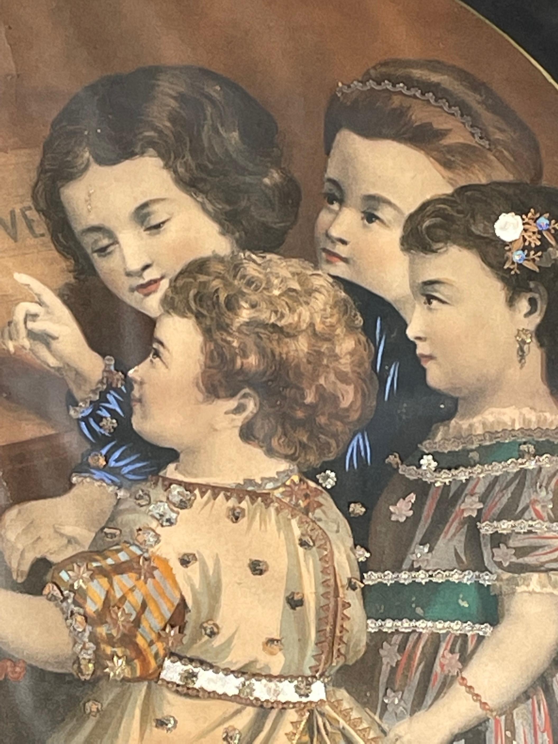 19th century Victorian hand colored lithograph in original frame. Large and rare folio

Beautiful original hand colored print of four girls titled, “God is love”. It is embellished with gold stars and ribbons. The lithograph is housed in a period