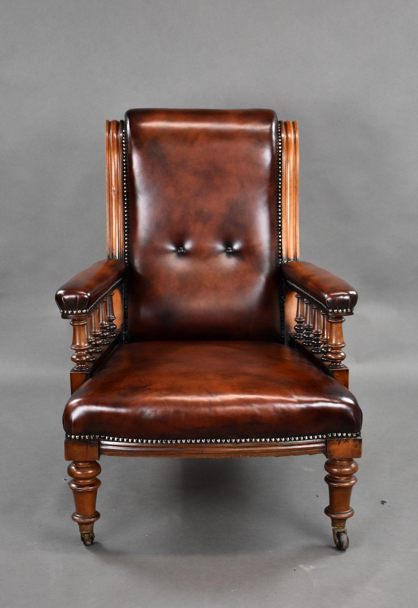 For sale is a good quality Victorian hand dyed leather library armchair, having a nicely shaped back rest with two floating buttons, the arms have turned spindle supports and the chair stands on turned legs at the front and splayed legs at the back.