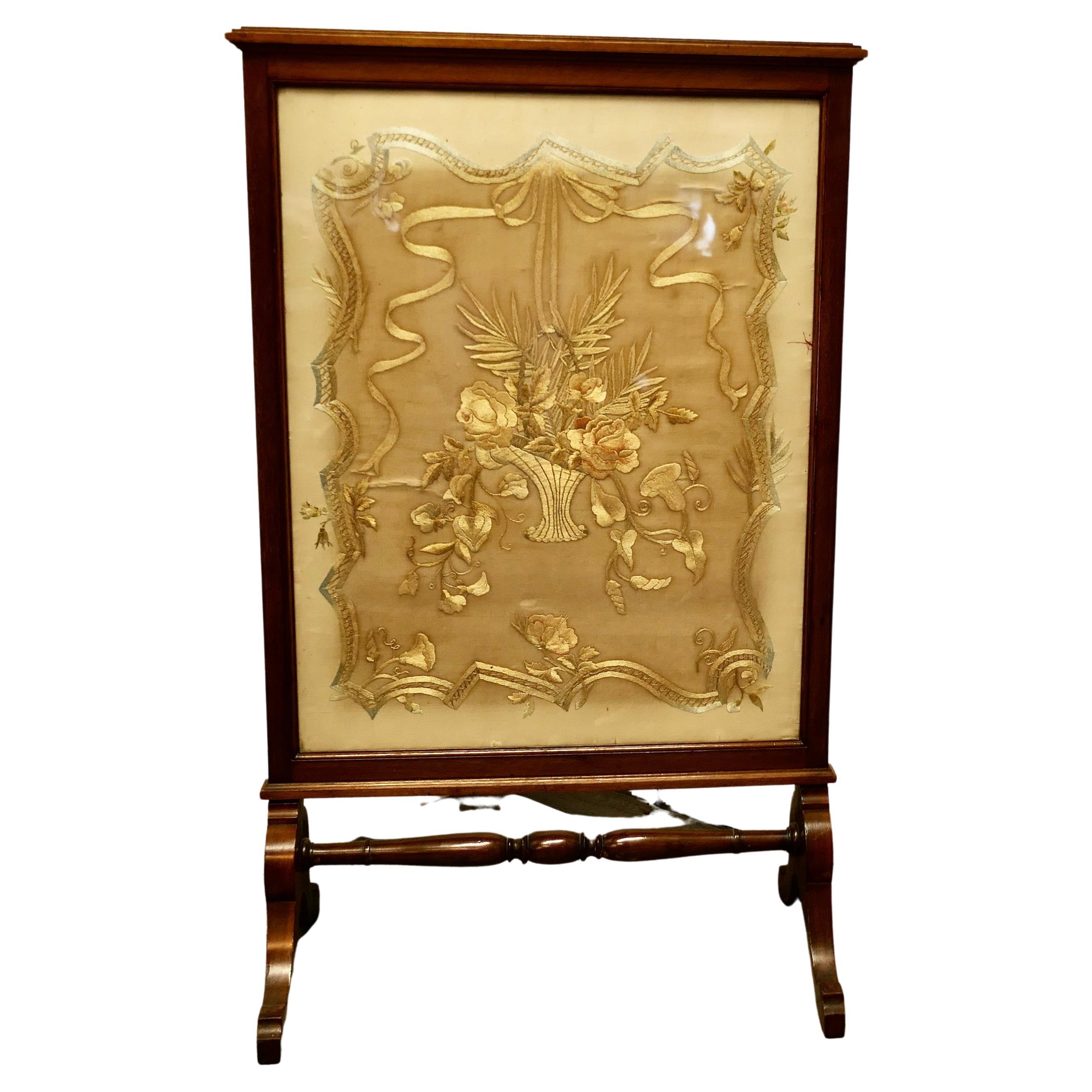 Victorian Hand Embroidered Silk and Mahogany Fire Screen