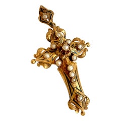 Victorian Hand Engraved Cross with Black Enamel and Seed Pearls in 18 Karat Gold